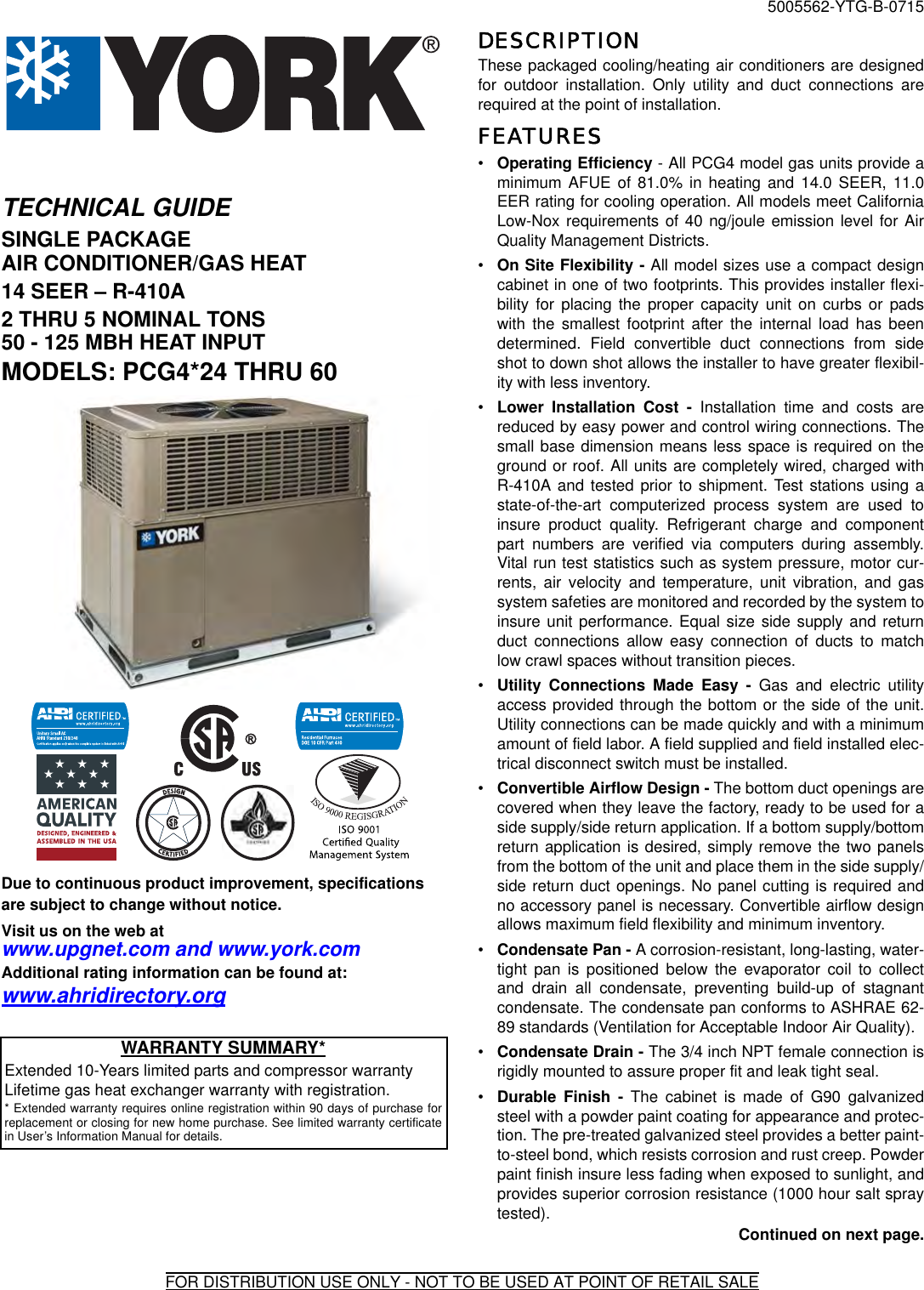 York Pcg4 Packaged Unit Technical Guide 5005562 YTG B 0715