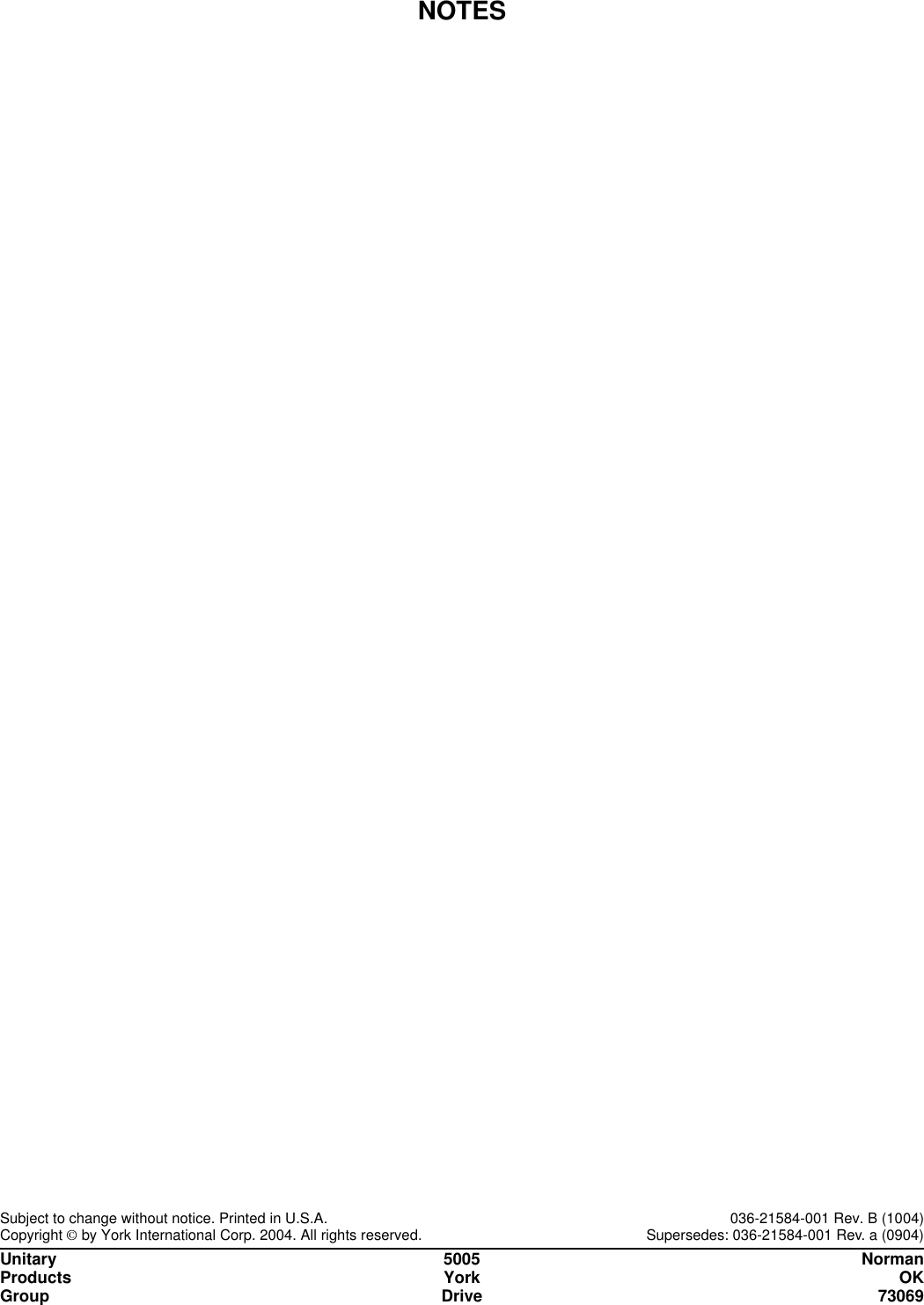 Page 8 of 8 - York Pv9-Users-Manual 036-21584-001-B-1004  York-pv9-users-manual