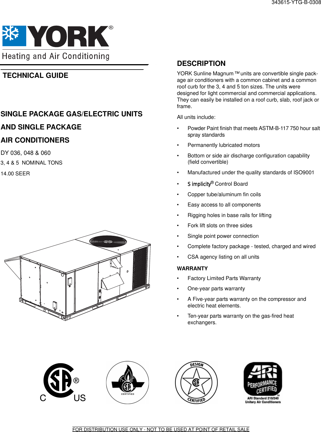 York Sunline Magnum Dy 048 Users Manual Y TG Single Package Gas/Elec