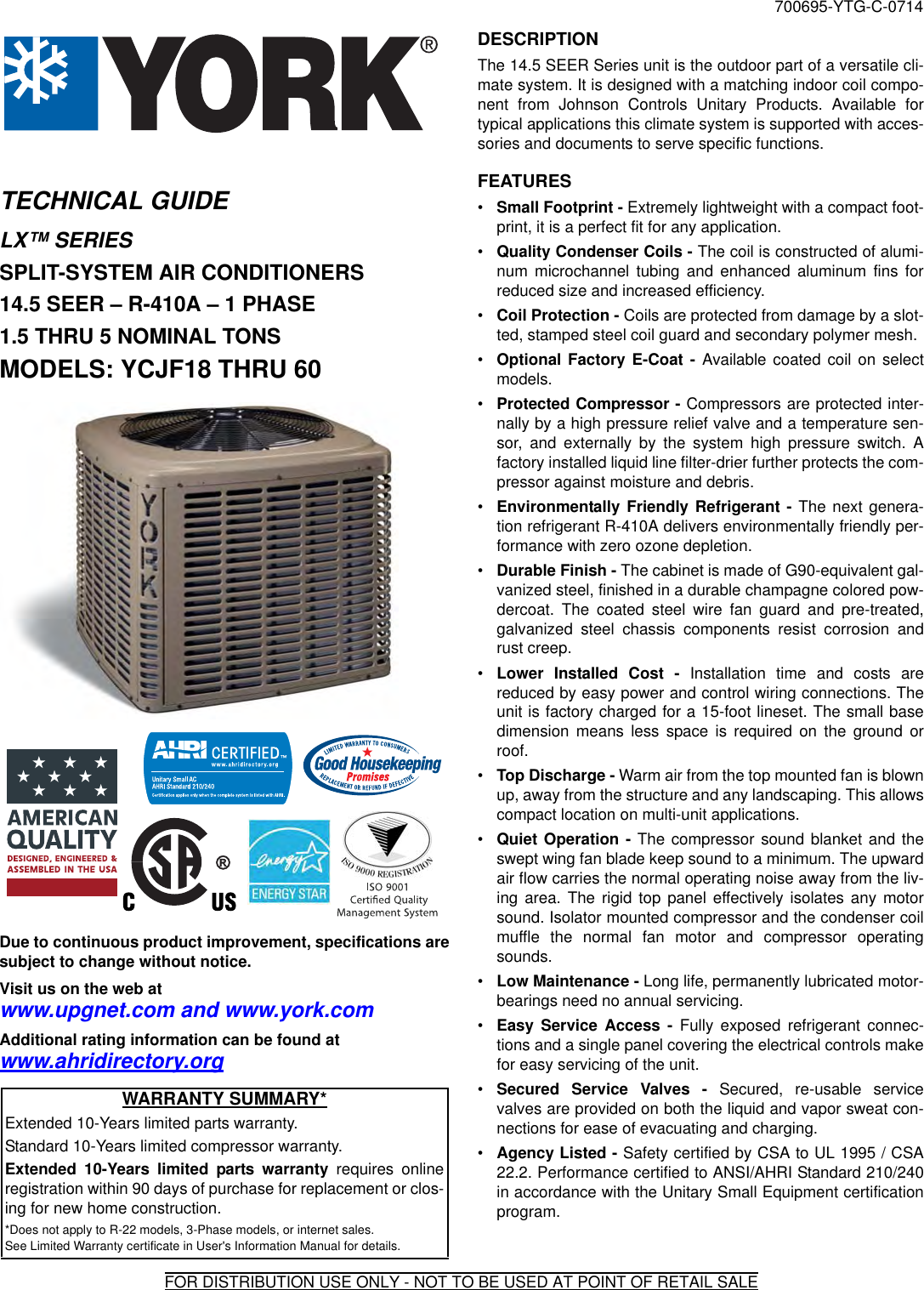 York Ycjf Air Conditioner Technical Guide 700695 YTG C 0714