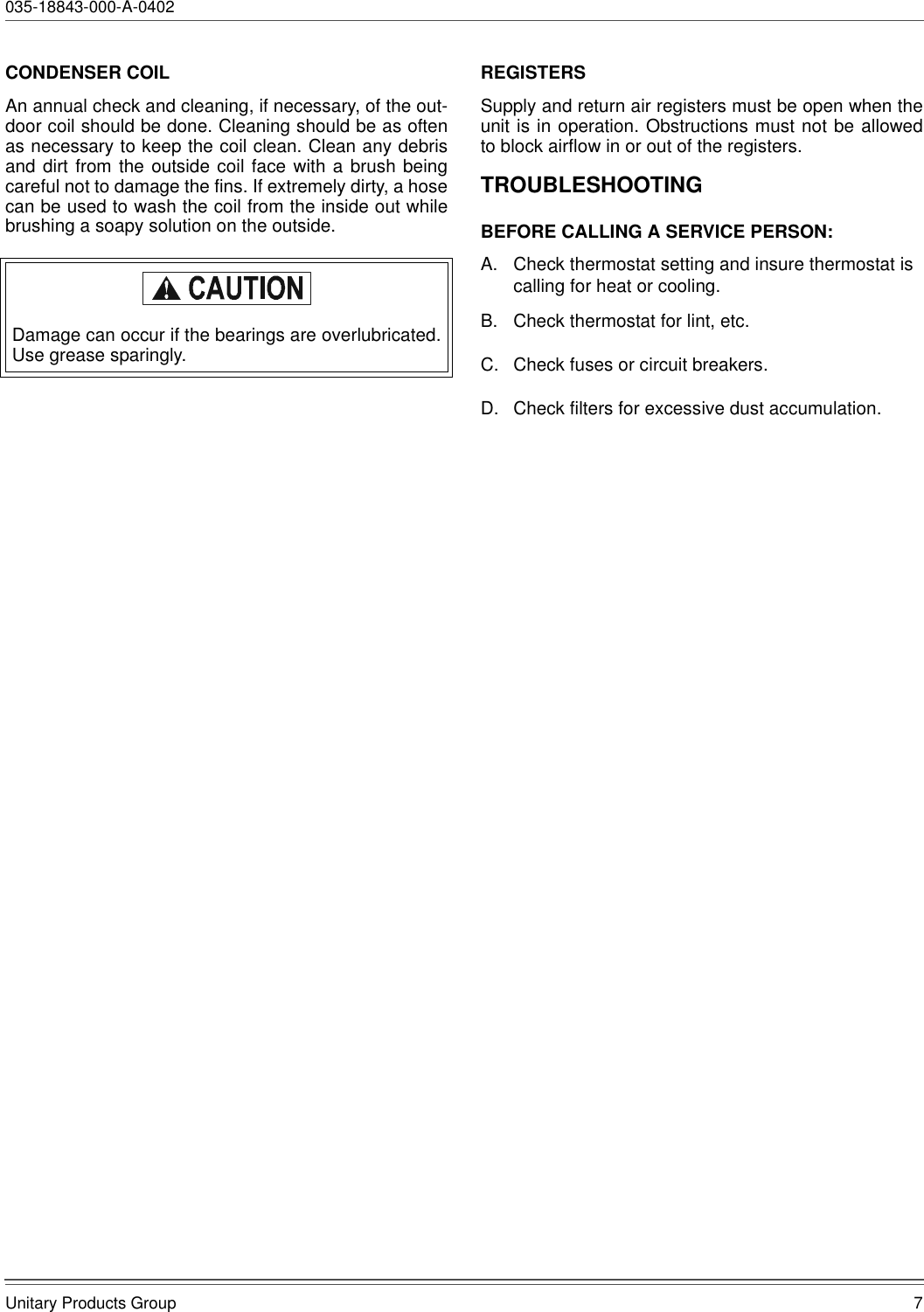 Page 7 of 8 - York York-Air-Conditioner-035-18843-000-A-0402-Users-Manual Maintenance, User & Service Manual  York-york-air-conditioner-035-18843-000-a-0402-users-manual