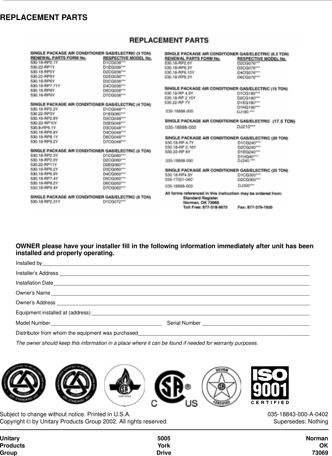 Page 8 of 8 - York York-Air-Conditioner-035-18843-000-A-0402-Users-Manual Maintenance, User & Service Manual  York-york-air-conditioner-035-18843-000-a-0402-users-manual