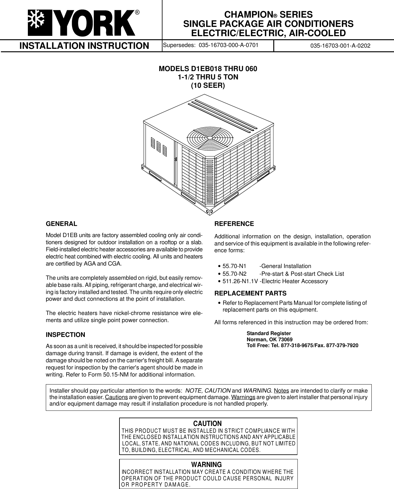 York Air Conditioner 1 2 Thru 5 Ton 10 Seer Users Manual IO D1EB018 060 ...