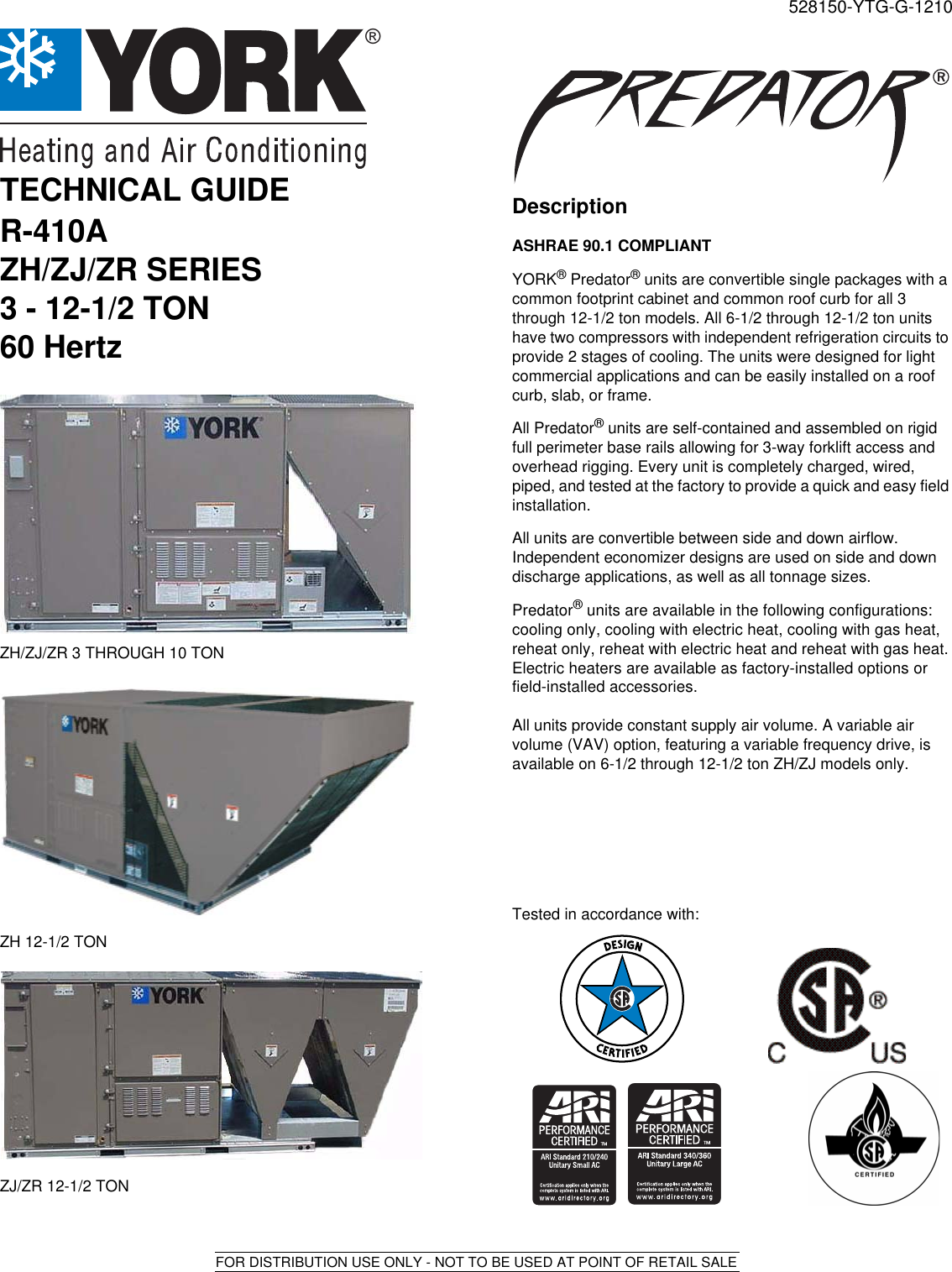 York Air Conditioner R 410A Zh Zj Zr Series Users Manual 528150 YTG G 1210