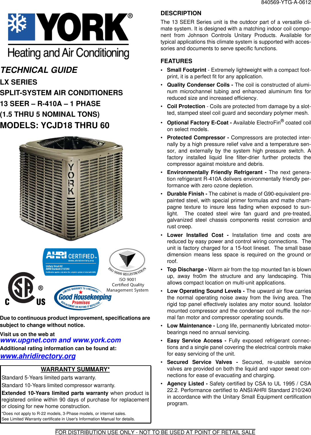 York Air Conditioner Ycjd18 Thru 60 Users Manual 840569 YTG A 0612