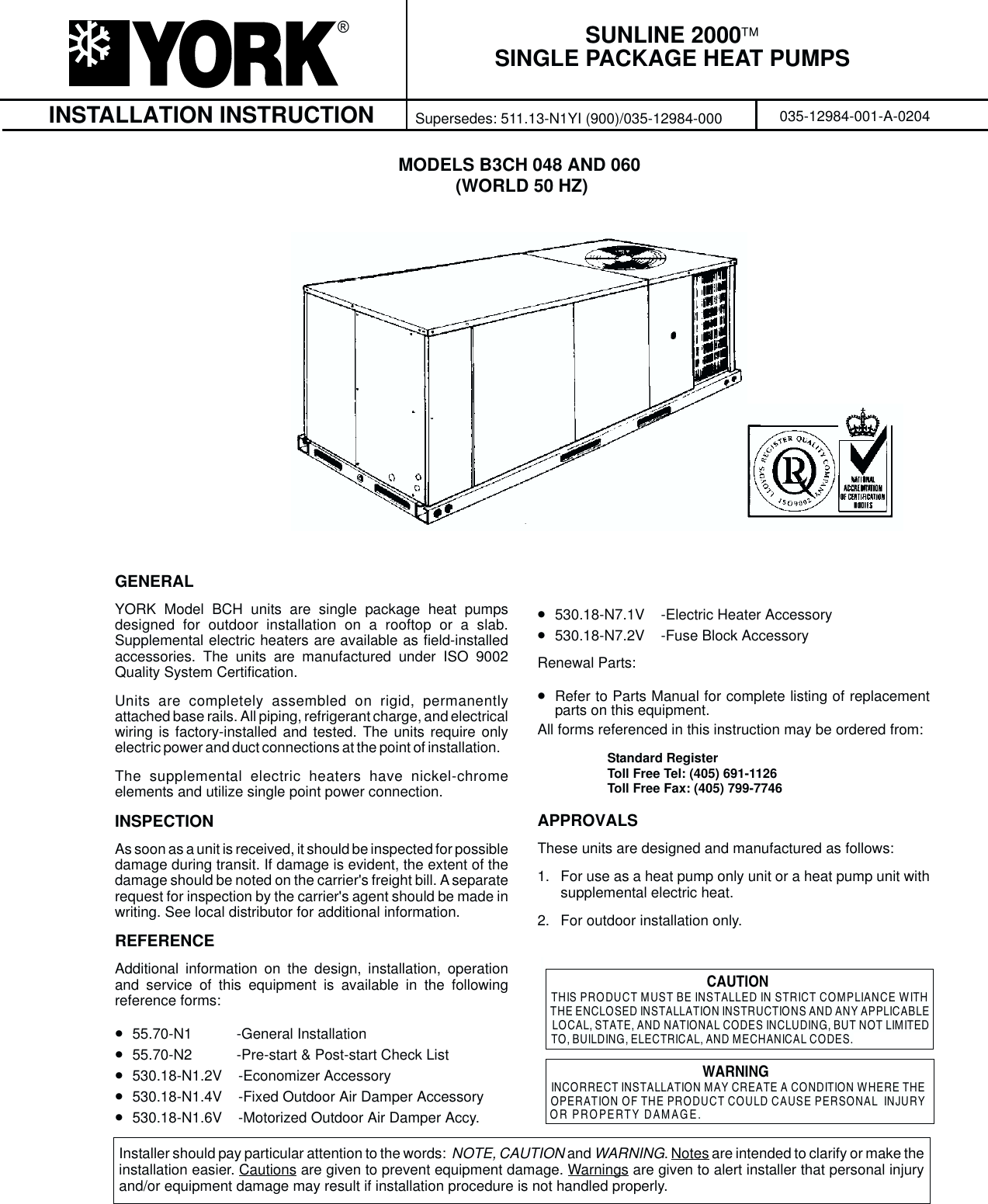 york-heat-pump-b3ch-048-and-060-users-manual-y-io-sunline-2000-single