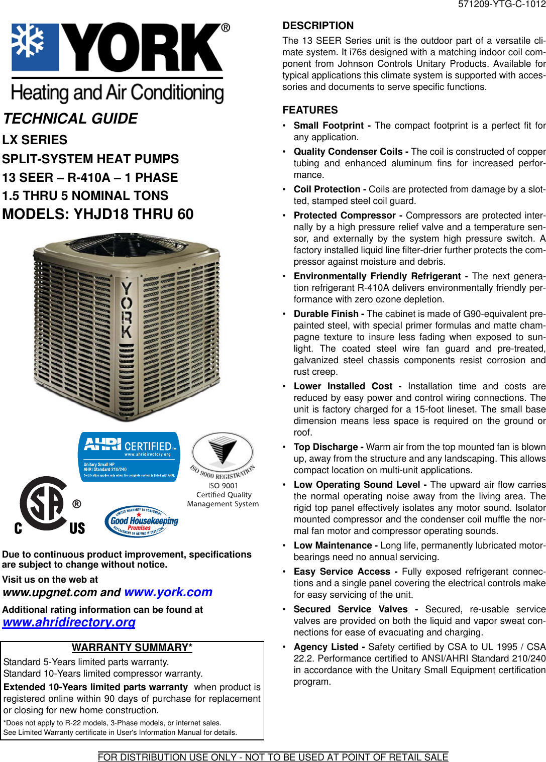 York Heat Pump Yhjd18 Thru 60 Users Manual 571209 YTG C 1012