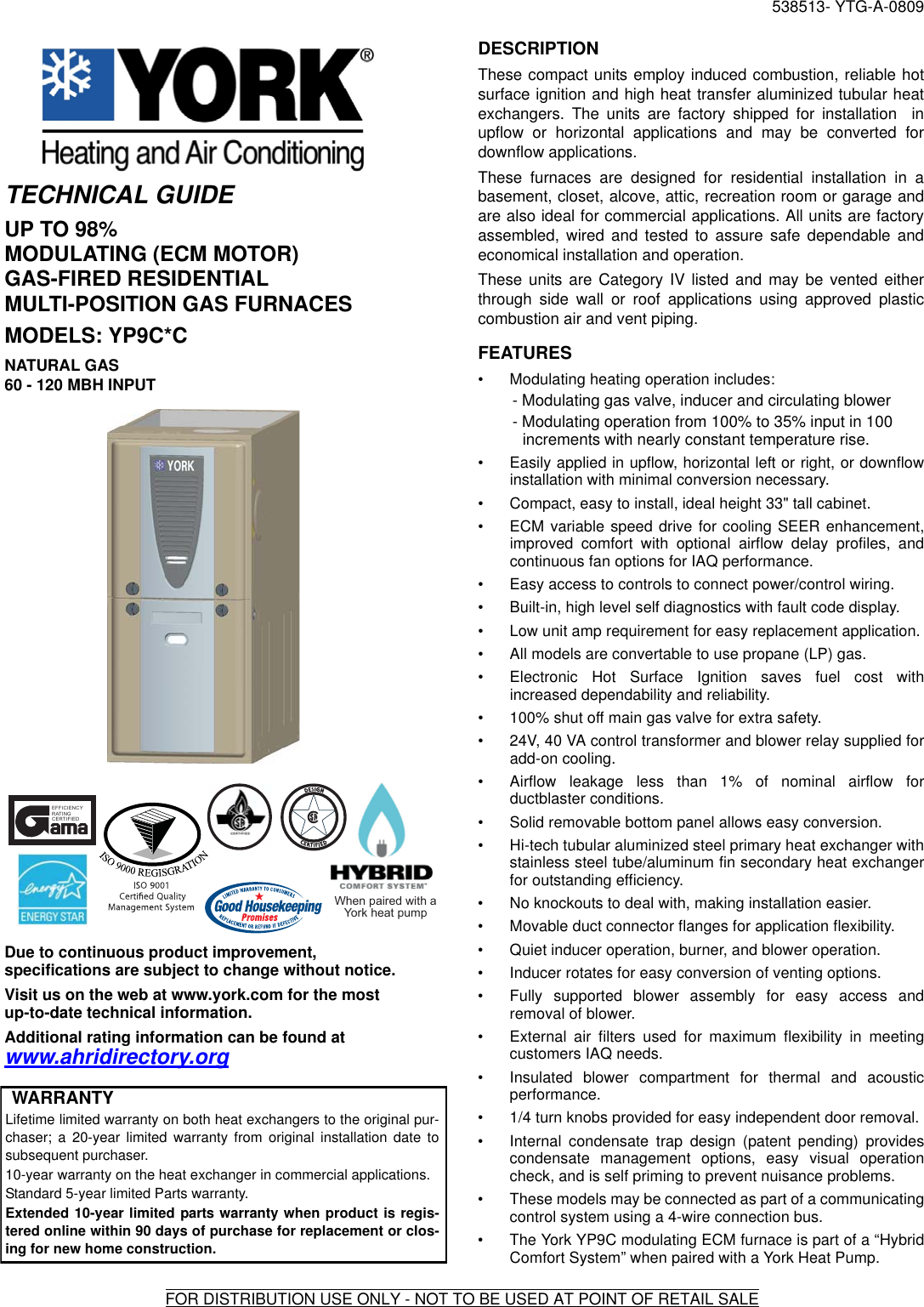 Page 1 of 4 - York Yp9C-C-Users-Manual 538510- UTG-A-0809  York-yp9c-c-users-manual