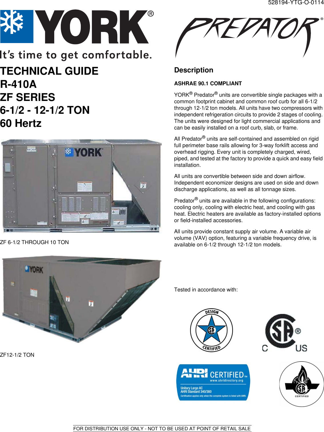 York Zf Predator R410A 11 2 Eer Technical Guide 528194 YTG O 0114