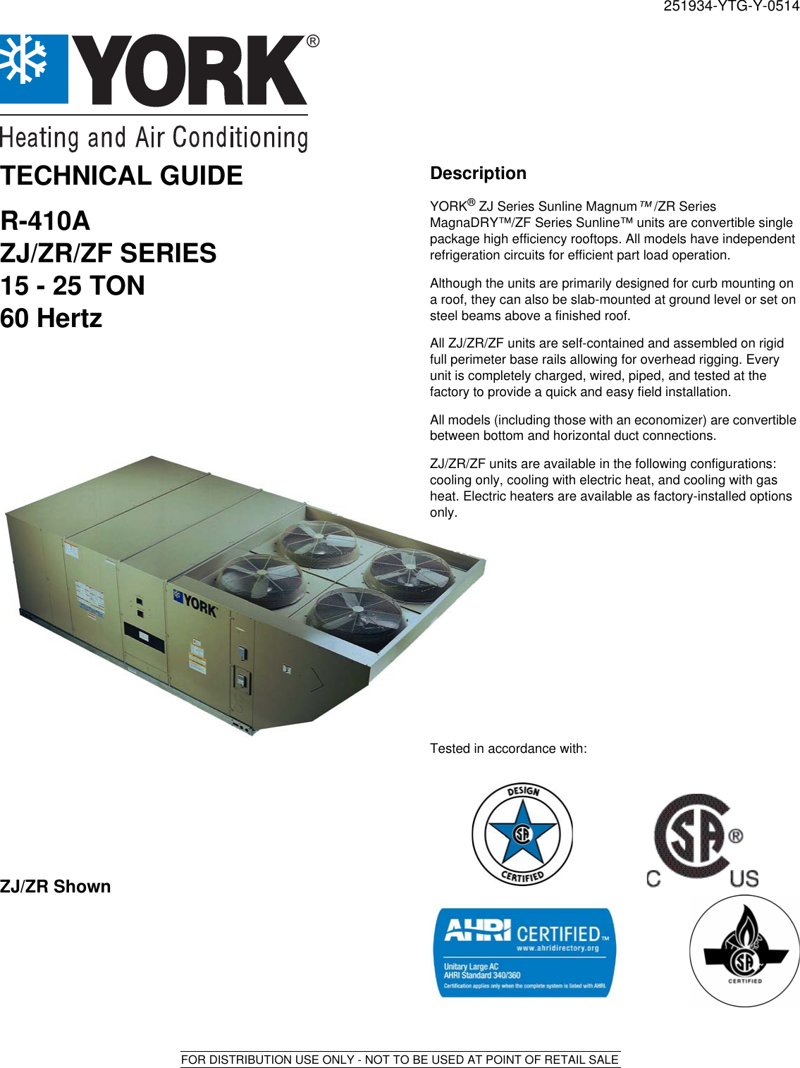 York Zf Sunline R410A Users Manual 251934 YTG Y 0514