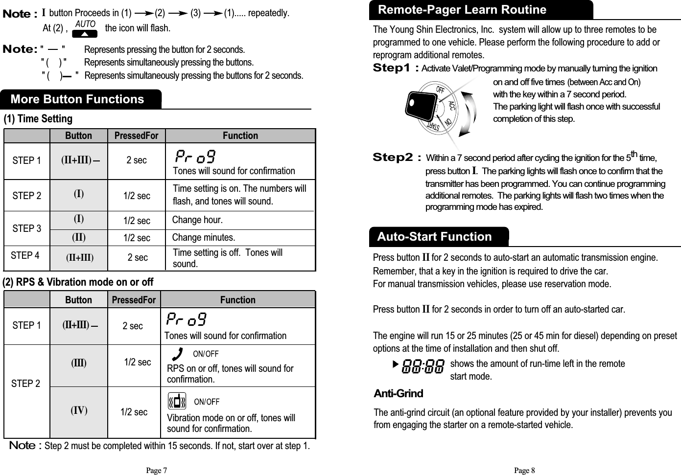 Page 7Note: &quot; &quot; Represents pressing the button for 2 seconds.&quot; (     ) &quot; Represents simultaneously pressing the buttons.&quot; (     ) &quot;   Represents simultaneously pressing the buttons for 2 seconds.More Button Functions(1) Time SettingTones will sound for confirmationSTEP 1(II+III)2 secButtonPressedFor   FunctionTime setting is on. The numbers willflash, and tones will sound.STEP 2(I)(II+III)1/2 secChange hour.Change minutes.Time setting is off.  Tones willsound.STEP 3STEP 4(I)(II)1/2 sec1/2 sec2 sec(2) RPS &amp; Vibration mode on or off Note : Step 2 must be completed within 15 seconds. If not, start over at step 1.Tones will sound for confirmationSTEP 1(II+III)  2 secButtonPressedFor   FunctionSTEP 2RPS on or off, tones will sound for confirmation.Vibration mode on or off, tones willsound for confirmation. (III)(IV)1/2 sec1/2 secI button Proceeds in (1)          (2)           (3)          (1)..... repeatedly. At (2) ,                the icon will flash.Note : Page 8Remote-Pager Learn RoutineThe Young Shin Electronics, Inc.  system will allow up to three remotes to beprogrammed to one vehicle. Please perform the following procedure to add orreprogram additional remotes.Step1 :Activate Valet/Programming mode by manually turning the ignition on and off five times(between Acc and On)with the key within a 7 second period.  The parking light will flash once with successful completion of this step.Step2:Within a 7 second period after cycling the ignition for the 5th time, press button I.  The parking lights will flash once to confirm that the transmitter has been programmed. You can continue programming additional remotes.  The parking lights will flash two times when the programming mode has expired.shows the amount of run-time left in the remote start mode.Press button IIfor 2 seconds to auto-start an automatic transmission engine.Remember, that a key in the ignition is required to drive the car.For manual transmission vehicles, please use reservation mode. Press button IIfor 2 seconds in order to turn off an auto-started car.The engine will run 15 or 25 minutes (25 or 45 min for diesel) depending on presetoptions at the time of installation and then shut off.Auto-Start Function Anti-GrindThe anti-grind circuit (an optional feature provided by your installer) prevents youfrom engaging the starter on a remote-started vehicle.