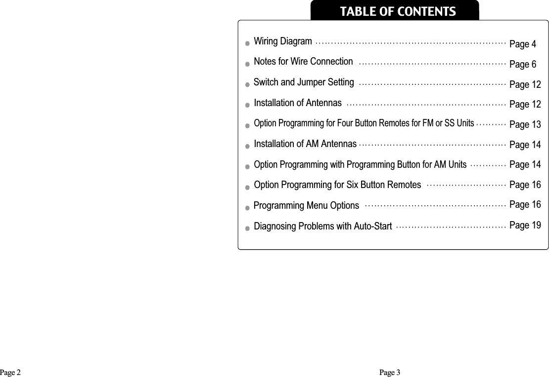 Page 2 Page 3TABLE OF CONTENTSWiring Diagram Notes for Wire Connection Switch and Jumper SettingInstallation of Antennas Option Programming for Four Button Remotes for FM or SS UnitsInstallation of AM Antennas Option Programming with Programming Button for AM UnitsOption Programming for Six Button RemotesProgramming Menu OptionsDiagnosing Problems with Auto-Start Page 4Page 6Page 12Page 12Page 13Page 14Page 14Page 16Page 16Page 19