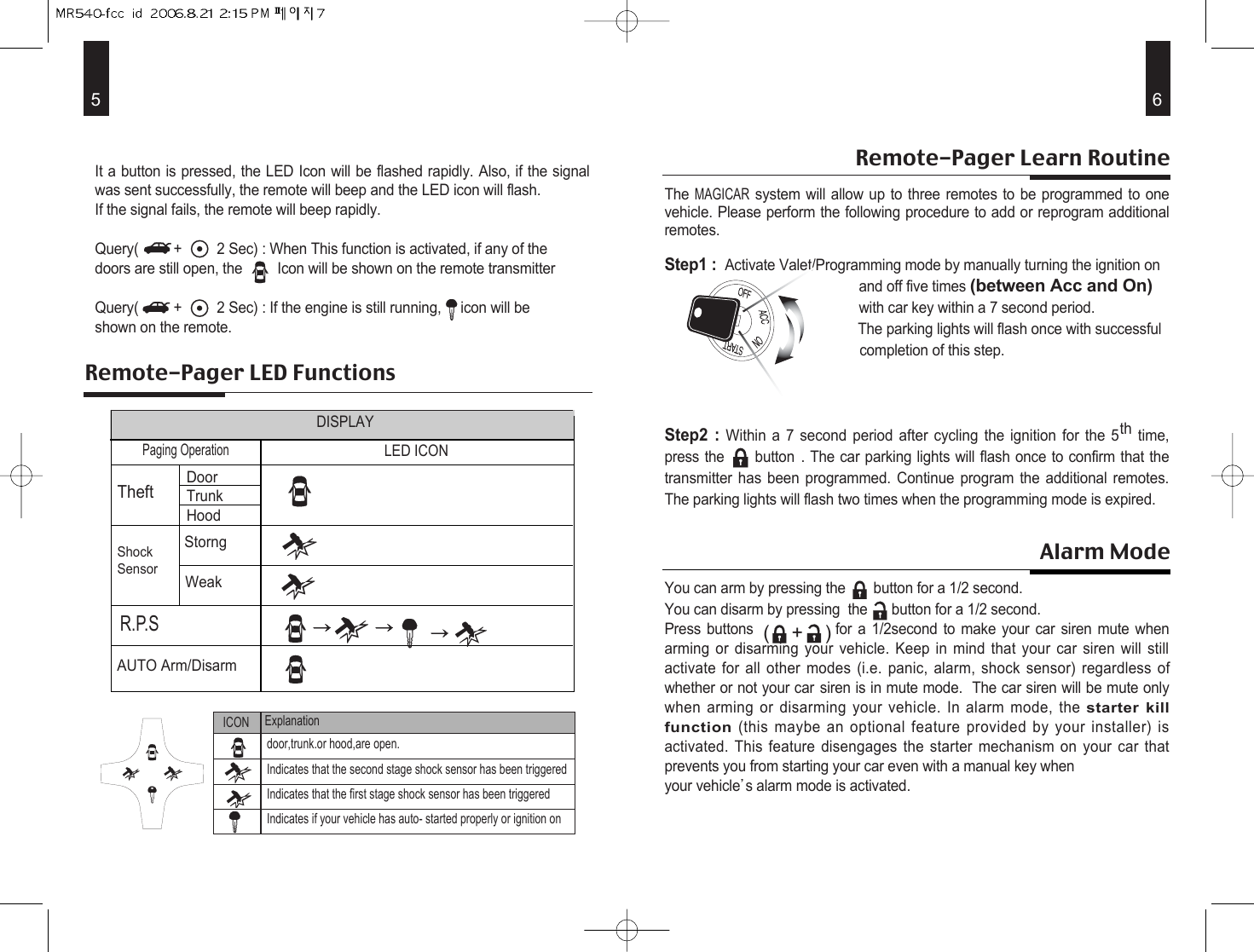 The MAGICARsystem will allow up to three remotes to be programmed to onevehicle. Please perform the following procedure to add or reprogram additionalremotes.Step1 : Activate Valet/Programming mode by manually turning the ignition on and off five times(between Acc and On)with car key within a 7 second period.The parking lights will flash once with successful completion of this step.Step2 : Within a 7 second period after cycling the ignition for the 5th time,press the  button . The car parking lights will flash once to confirm that thetransmitter has been programmed. Continue program the additional remotes.The parking lights will flash two times when the programming mode is expired.You can arm by pressing the button for a 1/2 second.You can disarm by pressing  the button for a 1/2 second.Press buttons              for a 1/2second to make your car siren mute whenarming or disarming your vehicle. Keep in mind that your car siren will stillactivate for all other modes (i.e. panic, alarm, shock sensor) regardless ofwhether or not your car siren is in mute mode.  The car siren will be mute onlywhen arming or disarming your vehicle. In alarm mode, the starter killfunction (this maybe an optional feature provided by your installer) isactivated. This feature disengages the starter mechanism on your car thatprevents you from starting your car even with a manual key when your vehicle s alarm mode is activated.6Alarm ModeRemote-Pager Learn Routine(    +    )5It a button is pressed, the LED Icon will be flashed rapidly. Also, if the signalwas sent successfully, the remote will beep and the LED icon will flash. If the signal fails, the remote will beep rapidly.Query(         +         2 Sec) : When This function is activated, if any of the doors are still open, the         Icon will be shown on the remote transmitter Query(         +         2 Sec) : If the engine is still running,     icon will be shown on the remote.Remote-Pager LED FunctionsTheftPaging OperationDISPLAYLED ICONDoorTrunkHoodShockSensorStorngWeakR.P.SAUTO Arm/DisarmICON Explanationdoor,trunk.or hood,are open.Indicates that the second stage shock sensor has been triggeredIndicates that the first stage shock sensor has been triggeredIndicates if your vehicle has auto- started properly or ignition on