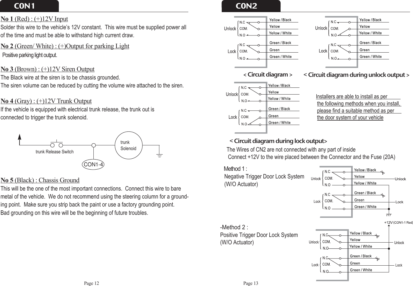 No 1 (Red) : (+)12V InputSolder this wire to the vehicle’s 12V constant.  This wire must be supplied power all of the time and must be able to withstand high current draw.No 2 (Green/ White) : (+)Output for parking LightNo 3 (Brown) : (+)12V Siren OutputThe Black wire at the siren is to be chassis grounded. The siren volume can be reduced by cutting the volume wire attached to the siren.No 4 (Gray) : (+)12V Trunk OutputIf the vehicle is equipped with electrical trunk release, the trunk out isconnected to trigger the trunk solenoid.  No 5 (Black) : Chassis GroundThis will be the one of the most important connections.  Connect this wire to baremetal of the vehicle.  We do not recommend using the steering column for a ground-ing point.  Make sure you strip back the paint or use a factory grounding point.  Bad grounding on this wire will be the beginning of future troubles. Page 12C0N1trunkSolenoidtrunk Release SwitchCON1-4C0N2Page 13&lt; Circuit diagram &gt;The Wires of CN2 are not connected with any part of insideConnect +12V to the wire placed between the Connector and the Fuse (20A)&lt; Circuit diagram during unlock output &gt;&lt; Circuit diagram during lock output&gt;Installers are able to install as per          the following methods when you install, please find a suitable method as per      the door system of your vehicleMethod 1 :Negative Trigger Door Lock System (W/O Actuator)-Method 2 : Positive Trigger Door Lock System(W/O Actuator)Positive parking light output.