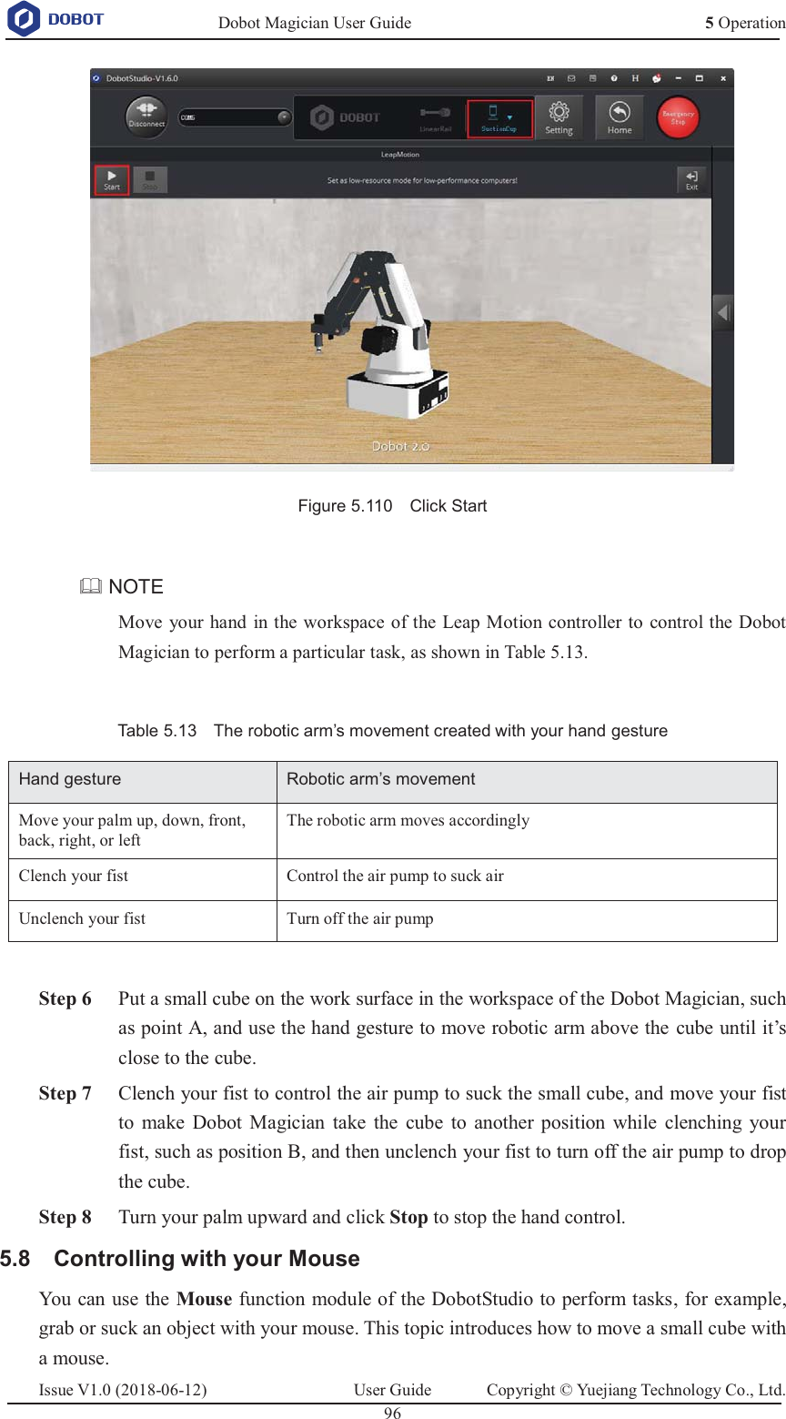   Dobot Magician User Guide 5 OperationIssue V1.0 (2018-06-12)  User Guide  Copyright © Yuejiang Technology Co., Ltd.  96    Figure 5.110    Click Start   NOTE Move your hand in the workspace of the Leap Motion controller to control the Dobot Magician to perform a particular task, as shown in Table 5.13.  Table 5.13    The robotic arm’s movement created with your hand gesture Hand gesture Robotic arm’s movement Move your palm up, down, front, back, right, or left The robotic arm moves accordingly Clench your fist Control the air pump to suck air Unclench your fist Turn off the air pump   Step 6 Put a small cube on the work surface in the workspace of the Dobot Magician, such as point A, and use the hand gesture to move robotic arm above the cube until it’s close to the cube.  Step 7 Clench your fist to control the air pump to suck the small cube, and move your fist to make Dobot Magician take the cube to another position while clenching your fist, such as position B, and then unclench your fist to turn off the air pump to drop the cube.  Step 8 Turn your palm upward and click Stop to stop the hand control.   Controlling with your Mouse 5.8You can use the Mouse function module of the DobotStudio to perform tasks, for example, grab or suck an object with your mouse. This topic introduces how to move a small cube with a mouse. 