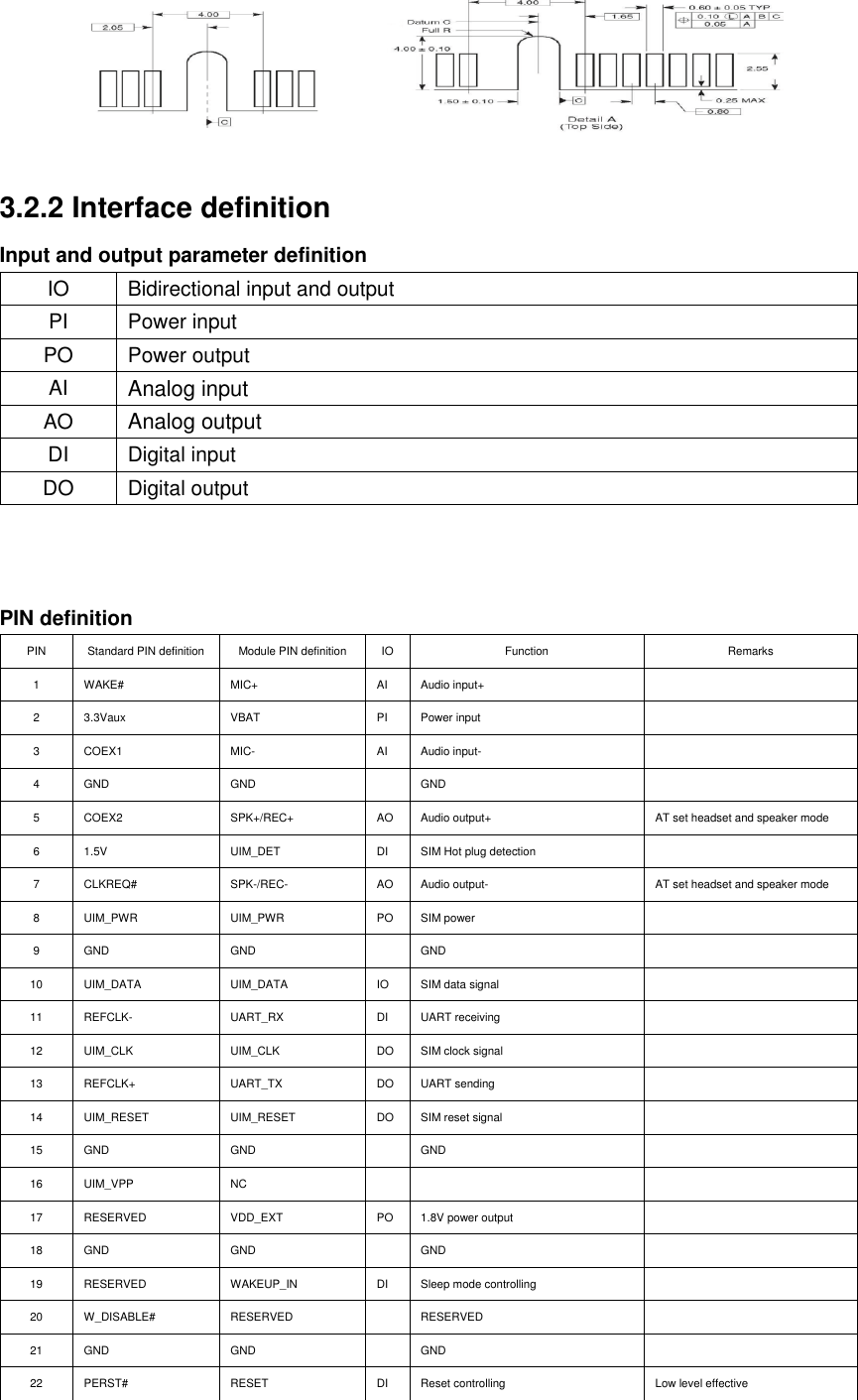   3.2.2 Interface definition Input and output parameter definition IO Bidirectional input and output PI Power input PO Power output AI Analog input AO Analog output DI Digital input DO Digital output    PIN definition PIN Standard PIN definition Module PIN definition IO  Function    Remarks 1 WAKE# MIC+ AI Audio input+  2 3.3Vaux VBAT PI  Power input   3 COEX1 MIC- AI  Audio input-   4 GND GND   GND   5 COEX2 SPK+/REC+ AO  Audio output+  AT set headset and speaker mode 6 1.5V UIM_DET DI  SIM Hot plug detection   7 CLKREQ# SPK-/REC- AO  Audio output-  AT set headset and speaker mode 8 UIM_PWR UIM_PWR PO  SIM power   9 GND GND   GND   10 UIM_DATA UIM_DATA IO  SIM data signal   11 REFCLK- UART_RX DI  UART receiving   12 UIM_CLK UIM_CLK DO  SIM clock signal   13 REFCLK+ UART_TX DO  UART sending   14 UIM_RESET UIM_RESET DO  SIM reset signal   15 GND GND   GND   16 UIM_VPP NC      17 RESERVED VDD_EXT PO  1.8V power output   18 GND GND   GND   19 RESERVED WAKEUP_IN DI  Sleep mode controlling   20 W_DISABLE# RESERVED  RESERVED   21 GND GND   GND   22 PERST# RESET DI  Reset controlling  Low level effective 