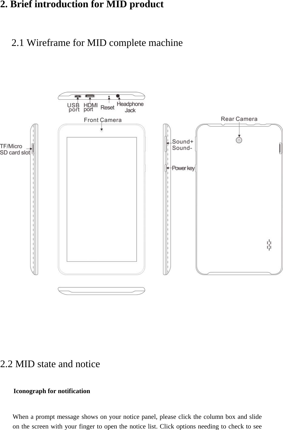 2. Brief introduction for MID product 2.1 Wireframe for MID complete machine         2.2 MID state and notice Iconograph for notification  When a prompt message shows on your notice panel, please click the column box and slide on the screen with your finger to open the notice list. Click options needing to check to see 