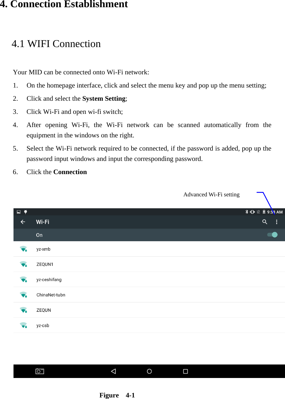 4. Connection Establishment  4.1 WIFI Connection   Your MID can be connected onto Wi-Fi network:   1. On the homepage interface, click and select the menu key and pop up the menu setting;   2. Click and select the System Setting;   3. Click Wi-Fi and open wi-fi switch;   4. After opening Wi-Fi, the Wi-Fi network can be scanned automatically from the equipment in the windows on the right.   5. Select the Wi-Fi network required to be connected, if the password is added, pop up the password input windows and input the corresponding password. 6. Click the Connection     Figure  4-1 Advanced Wi-Fi setting 