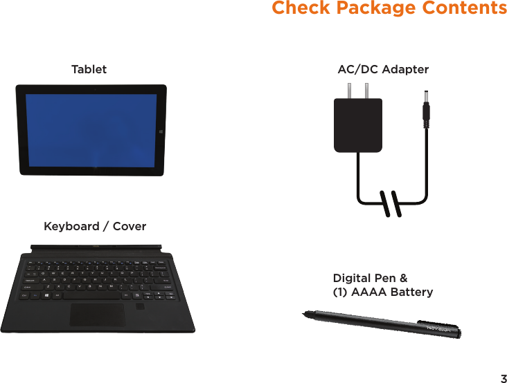 3Check Package ContentsTabletKeyboard / CoverAC/DC AdapterDigital Pen &amp;(1) AAAA Battery