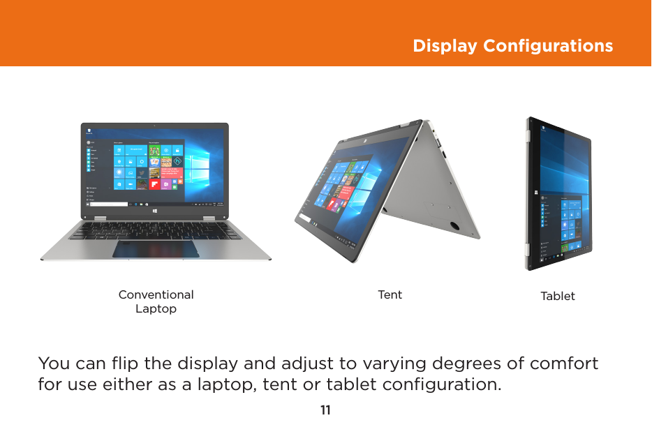 11Display ConﬁgurationsYou can ﬂip the display and adjust to varying degrees of comfort for use either as a laptop, tent or tablet conﬁguration. ConventionalLaptopTent Tablet