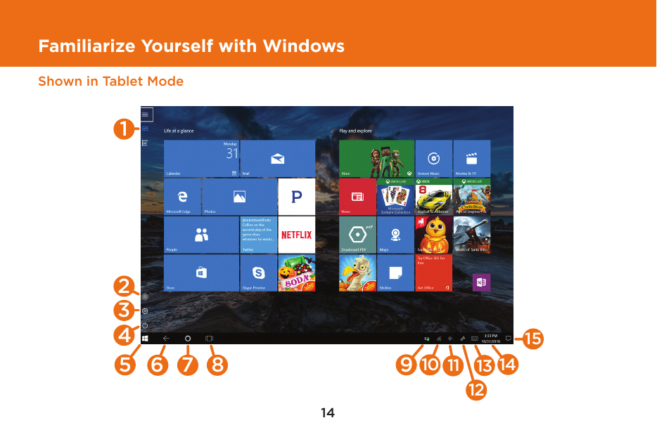 14Familiarize Yourself with WindowsShown in Tablet Mode156 751234812910 11 13 14