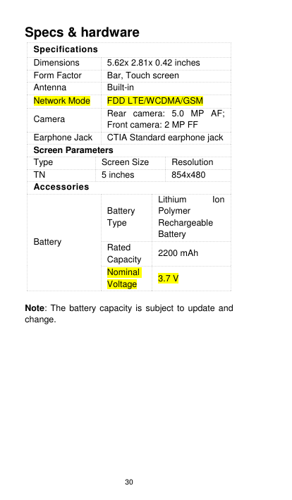 30 Specs &amp; hardware Specifications Dimensions 5.62x 2.81x 0.42 inches Form Factor Bar, Touch screen Antenna Built-in Network Mode FDD LTE/WCDMA/GSM Camera Rear  camera:  5.0  MP  AF; Front camera: 2 MP FF Earphone Jack CTIA Standard earphone jack Screen Parameters Type Screen Size Resolution TN 5 inches 854x480   Accessories Battery Battery Type Lithium  Ion Polymer Rechargeable Battery Rated Capacity 2200 mAh Nominal Voltage 3.7 V  Note: The battery capacity is  subject to  update and change.          