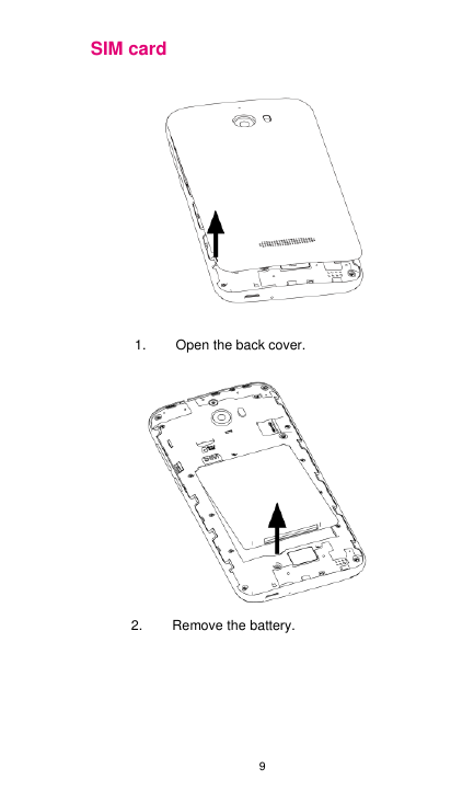 9  SIM card            1. Open the back cover. 2. Remove the battery. 