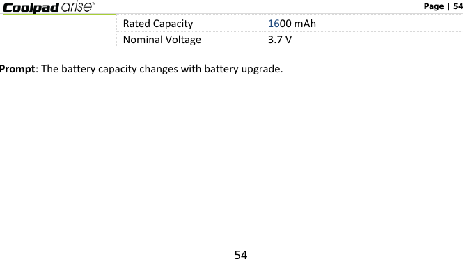                                                                                                              Page | 54 54 Rated Capacity 1600 mAh Nominal Voltage 3.7 V  Prompt: The battery capacity changes with battery upgrade.     