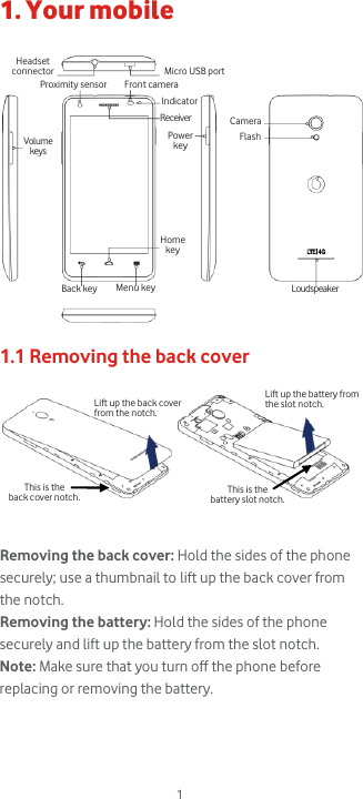  1 1. Your mobile    1.1 Removing the back cover       Removing the back cover: Hold the sides of the phone securely; use a thumbnail to lift up the back cover from the notch. Removing the battery: Hold the sides of the phone securely and lift up the battery from the slot notch. Note: Make sure that you turn off the phone before replacing or removing the battery.    Indicator Flash Camera Headset connector Proximity sensor  Front camera Menu key Back key Home  key Power  key Receiver Loudspeaker Volume keys Micro USB port This is the  back cover notch.  This is the  battery slot notch. Lift up the back cover from the notch. Lift up the battery from the slot notch. 