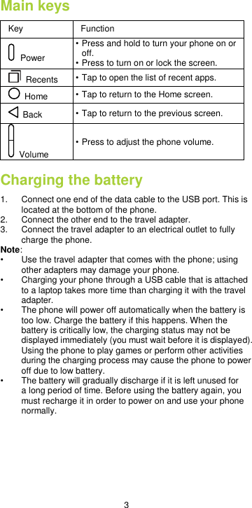  3 Main keys   Key Function  Power • Press and hold to turn your phone on or off. • Press to turn on or lock the screen.   Recents • Tap to open the list of recent apps.   Home • Tap to return to the Home screen.   Back • Tap to return to the previous screen.   Volume • Press to adjust the phone volume. Charging the battery 1.  Connect one end of the data cable to the USB port. This is located at the bottom of the phone. 2.  Connect the other end to the travel adapter.   3.  Connect the travel adapter to an electrical outlet to fully charge the phone. Note: •  Use the travel adapter that comes with the phone; using other adapters may damage your phone.   •  Charging your phone through a USB cable that is attached to a laptop takes more time than charging it with the travel adapter.  •  The phone will power off automatically when the battery is too low. Charge the battery if this happens. When the battery is critically low, the charging status may not be displayed immediately (you must wait before it is displayed). Using the phone to play games or perform other activities during the charging process may cause the phone to power off due to low battery.   •  The battery will gradually discharge if it is left unused for a long period of time. Before using the battery again, you must recharge it in order to power on and use your phone normally.         