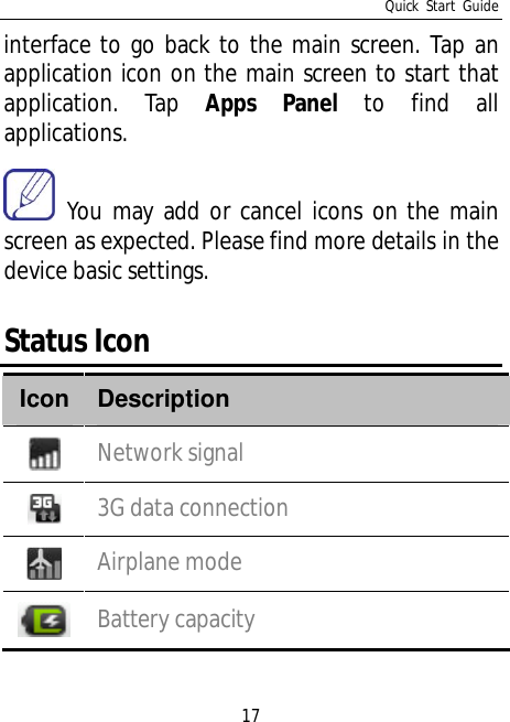 Quick Start Guide17interface to go back to the main screen. Tap anapplication icon on the main screen to start thatapplication. Tap Apps Panel to find allapplications. You may add or cancel icons on the mainscreen as expected. Please find more details in thedevice basic settings.Status IconIcon DescriptionNetwork signal3G data connectionAirplane modeBattery capacity