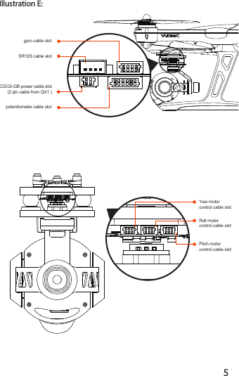 Illustration E:potentiometer cable slotgyro cable slotSR12S cable slotCGO2-GB power cable slot(2 pin cable from QX1 )45Yaw motor control cable slot Roll motor control cable slot Pitch motor control cable slot 