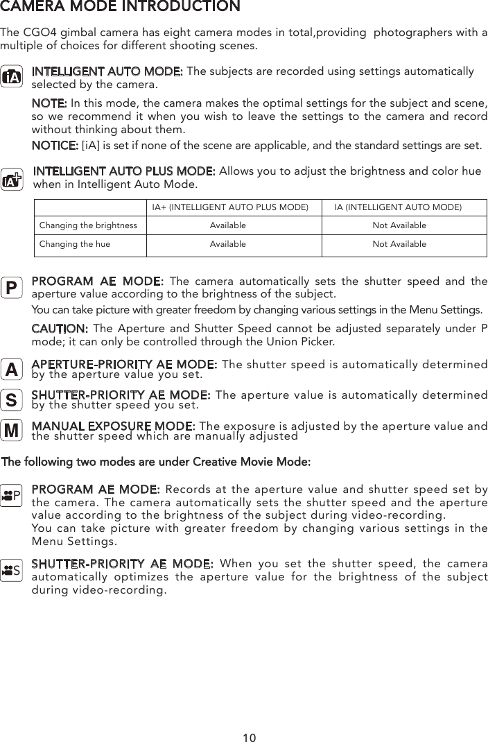 10CAMERA MODE INTRODUCTIONThe CGO4 gimbal camera has eight camera modes in total,providing  photographers with a multiple of choices for different shooting scenes.INTELLIGENT AUTO MODE: The subjects are recorded using settings automaticallyselected by the camera.NOTE: In this mode, the camera makes the optimal settings for the subject and scene, so we recommend it when you wish to leave the settings to the camera and record without thinking about them.NOTICE: [iA] is set if none of the scene are applicable, and the standard settings are set.          INTELLIGENT AUTO PLUS MODE: Allows you to adjust the brightness and color hue           when in Intelligent Auto Mode.PROGRAM AE MODE: The camera automatically sets the shutter speed and the aperture value according to the brightness of the subject.You can take picture with greater freedom by changing various settings in the Menu Settings.CAUTION:  The Aperture and Shutter Speed cannot be adjusted separately under P mode; it can only be controlled through the Union Picker.APERTURE-PRIORITY AE MODE: The shutter speed is automatically determined by the aperture value you set.SHUTTER-PRIORITY AE MODE: The aperture value is automatically determined by the shutter speed you set.MANUAL EXPOSURE MODE: The exposure is adjusted by the aperture value and the shutter speed which are manually adjustedPROGRAM AE MODE: Records at the aperture value and shutter speed set by the camera. The camera automatically sets the shutter speed and the aperture value according to the brightness of the subject during video-recording.You can take picture with greater freedom by changing various settings in the Menu Settings.SHUTTER-PRIORITY AE MODE: When you set the shutter speed, the camera automatically optimizes the aperture value for the brightness of the subject during video-recording.Changing the brightness                Available                                                   Not AvailableChanging the hue              Available                                                   Not AvailableIA+ (INTELLIGENT AUTO PLUS MODE) IA (INTELLIGENT AUTO MODE)SPThe following two modes are under Creative Movie Mode: