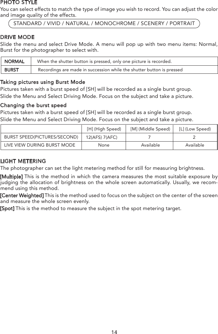 PHOTO STYLEYou can select effects to match the type of image you wish to record. You can adjust the color and image quality of the effects.      STANDARD / VIVID / NATURAL / MONOCHROME / SCENERY / PORTRAITDRIVE MODESlide the menu and select Drive Mode. A menu will pop up with two menu items: Normal, Burst for the photographer to select with.LIGHT METERINGThe photographer can set the light metering method for still for measuring brightness.[Multiple] This is the method in which the camera measures the most suitable exposure by judging the allocation of brightness on the whole screen automatically. Usually, we recom-mend using this method.[Center Weighted] This is the method used to focus on the subject on the center of the screen and measure the whole screen evenly.[Spot] This is the method to measure the subject in the spot metering target. Taking pictures using Burst ModePictures taken with a burst speed of [SH] will be recorded as a single burst group.Slide the Menu and Select Driving Mode. Focus on the subject and take a picture.Changing the burst speedPictures taken with a burst speed of [SH] will be recorded as a single burst group.Slide the Menu and Select Driving Mode. Focus on the subject and take a picture.NORMAL          When the shutter button is pressed, only one picture is recorded.BURST               Recordings are made in succession while the shutter button is pressed[L] (Low Speed)[M] (Middle Speed)[H] (High Speed)12(AFS) 7(AFC) 7 2None Available AvailableBURST SPEED(PICTURES/SECOND)LIVE VIEW DURING BURST MODE14ON:            The camera automatically keeps focusing on subjects during recording.OFF:           The camera maintains the focus position at the start of recording.