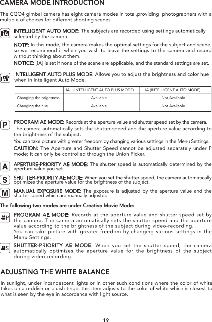 19ADJUSTING THE WHITE BALANCEIn sunlight, under incandescent lights or in other such conditions where the color of white takes on a reddish or bluish tinge, this item adjusts to the color of white which is closest to what is seen by the eye in accordance with light source.CAMERA MODE INTRODUCTIONThe CGO4 gimbal camera has eight camera modes in total,providing  photographers with a multiple of choices for different shooting scenes.INTELLIGENT AUTO MODE: The subjects are recorded using settings automaticallyselected by the camera.NOTE: In this mode, the camera makes the optimal settings for the subject and scene, so we recommend it when you wish to leave the settings to the camera and record without thinking about them.NOTICE: [iA] is set if none of the scene are applicable, and the standard settings are set.          INTELLIGENT AUTO PLUS MODE: Allows you to adjust the brightness and color hue           when in Intelligent Auto Mode.PROGRAM AE MODE: Records at the aperture value and shutter speed set by the camera.The camera automatically sets the shutter speed and the aperture value according to the brightness of the subject.You can take picture with greater freedom by changing various settings in the Menu Settings.CAUTION:  The Aperture and Shutter Speed cannot be adjusted separately under P mode; it can only be controlled through the Union Picker.APERTURE-PRIORITY AE MODE: The shutter speed is automatically determined by the aperture value you set.SHUTTER-PRIORITY AE MODE: When you set the shutter speed, the camera automatically optimizes the aperture value for the brightness of the subject.MANUAL EXPOSURE MODE: The exposure is adjusted by the aperture value and the shutter speed which are manually adjustedPROGRAM AE MODE: Records at the aperture value and shutter speed set by the camera. The camera automatically sets the shutter speed and the aperture value according to the brightness of the subject during video-recording.You can take picture with greater freedom by changing various settings in the Menu Settings.SHUTTER-PRIORITY AE MODE: When you set the shutter speed, the camera automatically optimizes the aperture value for the brightness of the subject during video-recording.Changing the brightness                Available                                                   Not AvailableChanging the hue              Available                                                   Not AvailableIA+ (INTELLIGENT AUTO PLUS MODE) IA (INTELLIGENT AUTO MODE)SPThe following two modes are under Creative Movie Mode:NOTE: If the photographer wants to capture fast-move subjects, set a relatively high shutter speed; if the photographer wants to track-shooting, set a relatively low shutter speed.When CGO4 gimbal camera is in Aperture-Priority AE Mode, the camera automatically optimizes the shutter speed for the brightness of the subject.When CG04 gimbal camera is in shutter-priority AE Mode, the camera automatically optimizes the aperture value for the brightness of the subject.When CGO4 gimbal camera is in Manual Exposure Mode: the photographer can determine First, tap Mode button on the lower portion of the screen and a virtual mode dial will pop up on the screen and then set the mode dial to [M].Slide the aperture value picker and shutter speed picker to set the appropriate aperture value and shutter speed.