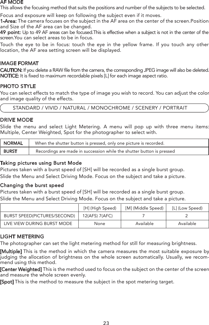 PHOTO STYLEYou can select effects to match the type of image you wish to record. You can adjust the color and image quality of the effects.      STANDARD / VIVID / NATURAL / MONOCHROME / SCENERY / PORTRAITDRIVE MODESlide the menu and select Light Metering. A menu will pop up with three menu items: Multiple, Center Weighted, Spot for the photographer to select with.LIGHT METERINGThe photographer can set the light metering method for still for measuring brightness.[Multiple] This is the method in which the camera measures the most suitable exposure by judging the allocation of brightness on the whole screen automatically. Usually, we recom-mend using this method.[Center Weighted] This is the method used to focus on the subject on the center of the screen and measure the whole screen evenly.[Spot] This is the method to measure the subject in the spot metering target. Taking pictures using Burst ModePictures taken with a burst speed of [SH] will be recorded as a single burst group.Slide the Menu and Select Driving Mode. Focus on the subject and take a picture.Changing the burst speedPictures taken with a burst speed of [SH] will be recorded as a single burst group.Slide the Menu and Select Driving Mode. Focus on the subject and take a picture.NORMAL          When the shutter button is pressed, only one picture is recorded.BURST               Recordings are made in succession while the shutter button is pressedAF MODEThis allows the focusing method that suits the positions and number of the subjects to be selected. IMAGE FORMATCAUTION: If you delete a RAW file from the camera, the corresponding JPEG image will also be deleted.NOTICE: It is fixed to maximum recordable pixels [L] for each image aspect ratio.[L] (Low Speed)[M] (Middle Speed)[H] (High Speed)12(AFS) 7(AFC) 7 2None Available AvailableBURST SPEED(PICTURES/SECOND)LIVE VIEW DURING BURST MODEFocus and exposure will keep on following the subject even if it moves.1-Area: The camera focuses on the subject in the AF area on the center of the screen.Position and Size of the AF area can be changed.49 point: Up to 49 AF areas can be focused.This is effective when a subject is not in the center of the screen.You can select areas to be in focus.Touch the eye to be in focus: touch the eye in the yellow frame. If you touch any other location, the AF area setting screen will be displayed.23