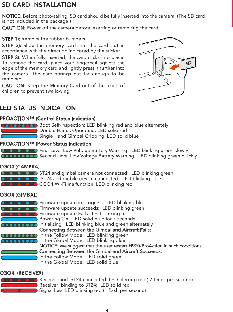 SD CARD INSTALLATIONNOTICE: Before photo-taking, SD card should be fully inserted into the camera. (The SD card is not included in the package.)CAUTION: Power off the camera before inserting or removing the card.STEP 1): Remove the rubber bumpers.STEP 2): Slide the memory card into the card slot in accordance with the direction indicated by the sticker.STEP 3): When fully inserted, the card clicks into place. To remove the card, place your fingernail against the edge of the memory card and lightly press it further into the camera. The card springs out far enough to be removed.CAUTION: Keep the Memory Card out of the reach of children to prevent swallowing.LED STATUS INDICATIONPROACTION™ (Control Status Indication)Boot Self-inspection: LED blinking red and blue alternatelyDouble Hands Operating: LED solid redSingle Hand Gimbal Gripping: LED solid bluePROACTION™ (Power Status Indication)First Level Low Voltage Battery Warning:  LED blinking green slowlySecond Level Low Voltage Battery Warning:  LED blinking green quicklyCGO4 (CAMERA)ST24 and gimbal camera not connected:  LED blinking green. ST24 and mobile device connected:  LED blinking blueCGO4 Wi-Fi malfunction: LED blinking redCGO4 (GIMBAL)Firmware update in progress:  LED blinking blue   Firmware update succeeds:  LED blinking greenFirmware update Fails:  LED blinking redPowering On:  LED solid blue for 7 secondsInitializing:  LED blinking blue and green alternately Connecting Between the Gimbal and Aircraft Fails:In the Follow Mode:  LED blinking greenIn the Global Mode:  LED blinking blueNOTICE: We suggest that the user restart H920/ProAction in such conditions.Connecting Between the Gimbal and Aircraft Succeeds:In the Follow Mode:  LED solid greenIn the Global Mode:  LED solid blueCGO4  (RECEIVER)Receiver and  ST24 connected: LED blinking red ( 2 times per second)Receiver  binding to ST24:  LED solid redSignal loss: LED blinking red (1 flash per second)4