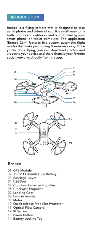 INTRODUCTIONBreeze is a flying camera that is designed to takeaerialphotosandvideosofyou.Itissmall,easytoflybothindoorsandoutdoors,andiscontrolledbyyoursmart phone or tablet computer. The application(Breeze Cam) features five custom automatic flightmodesthatmakepositioningBreezeveryeasy.Onceyou’re done flying, you can download photos andvideostoyourdeviceandsharethemtoyourfavoritesocialnetworksdirectlyfrom theapp.01140203040506070809100711120813Breeze01  GPS Module 02  11.1V 1150mAh Li-Po Battery03  Fuselage Cover04  USB Port05  Counter-clockwise Propeller06  Clockwise Propeller07  Landing Gear 08  Lens Assembly  09  Motor10  Quick-release Propeller Protector11  Optical Flow Camera12  IR Sensor13  Power Button14  Battery Locking Tab