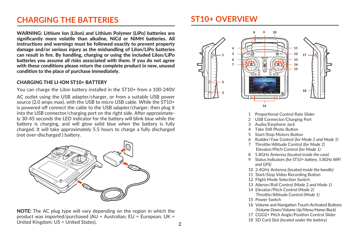 CHARGING THE BATTERIESWARNING: Lithium Ion  (LiIon)  and Lithium Polymer (LiPo) baeries  are signiﬁcantly  more  volale  than  alkaline,  NiCd  or  NiMH  baeries.  All instrucons and warnings must be followed exactly to prevent property damage and/or serious injury as the mishandling of LiIon/LiPo baeries can result in ﬁre. By handling, charging or using the included LiIon/LiPo baeries you assume all risks associated with them. If you do not agree with these condions please return the complete product in new, unused condion to the place of purchase immediately.CHARGING THE LI-ION ST10+ BATTERYYou can charge the LiIon baery installed in the ST10+ from a 100-240V AC outlet using the  USB  adapter/charger,  or  from  a  suitable USB power source (2.0 amps max), with the USB to micro USB cable. While the ST10+ is powered oﬀ connect the cable to the USB adapter/charger, then plug it into the USB connector/charging port on the right side. Aer approximate-ly 30-45 seconds the LED indicator for the baery will blink blue while the baery  is  charging,  and  will  glow  solid  blue  when  the  baery  is  fully charged. It will take approximately 5.5 hours to charge a fully discharged (not over-discharged ) baery.NOTE: The AC plug  type will vary  depending on the  region in which the product was imported/purchased (AU = Australian; EU = European; UK = United Kingdom; US = United States). 212345678 9 101112131415171816ST10+ OVERVIEW1    Proporonal Control Rate Slider2    USB Connector/Charging Port3    Audio/Earphone Jack4    Take Sll Photo Buon5    Start/Stop Motors Buon6    Rudder/Yaw Control (for Mode 2 and Mode 1)7    Throle/Altude Control (for Mode 2)        Elevator/Pitch Control (for Mode 1)8    5.8GHz Antenna (located inside the case)9    Status Indicators (for ST10+ baery, 5.8GHz WiFi        and GPS)10  2.4GHz Antenna (located inside the handle)11  Start/Stop Video Recording Buon12  Flight Mode Selecon Switch13  Aileron/Roll Control (Mode 2 and Mode 1)14  Elevator/Pitch Control (Mode 2)       Throle/Altude Control (Mode 1)15  Power Switch16  Volume and Navigaon Touch-Acvated Buons        (Volume Down/Volume Up/Menu/Home/Back)17  CGO2+ Pitch Angle/Posion Control Slider18  SD Card Slot (located under the baery)