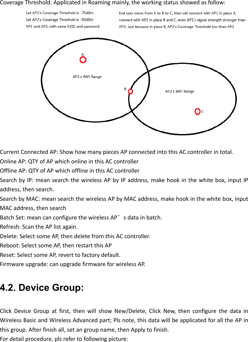 CoverageThreshold:ApplicatedinRoamingmainly,theworkingstatusshowedasfollow:CurrentConnectedAP:ShowhowmanypiecesAPconnectedintothisACcontrollerintotal.OnlineAP:QTYofAPwhichonlineinthisACcontrollerOfflineAP:QTYofAPwhichofflineinthisACcontrollerSearchbyIP:meansearchthewirelessAPbyIPaddress,makehookinthewhitebox,inputIPaddress,thensearch.SearchbyMAC:meansearchthewirelessAPbyMACaddress,makehookinthewhitebox,inputMACaddress,thensearchBatchSet:meancanconfigurethewirelessAP’sdatainbatch.Refresh:ScantheAPlistagain.Delete:SelectsomeAP,thendeletefromthisACcontroller.Reboot:SelectsomeAP,thenrestartthisAPReset:SelectsomeAP,reverttofactorydefault.Firmwareupgrade:canupgradefirmwareforwirelessAP.4.2. Device Group: ClickDeviceGroupatfirst,thenwillshowNew/Delete,ClickNew,thenconfigurethedatainWirelessBasicandWirelessAdvancedpart;Plsnote,thisdatawillbeapplicatedforalltheAPinthisgroup.Afterfinishall,setangroupname,thenApplytofinish.Fordetailprocedure,plsrefertofollowingpicture: