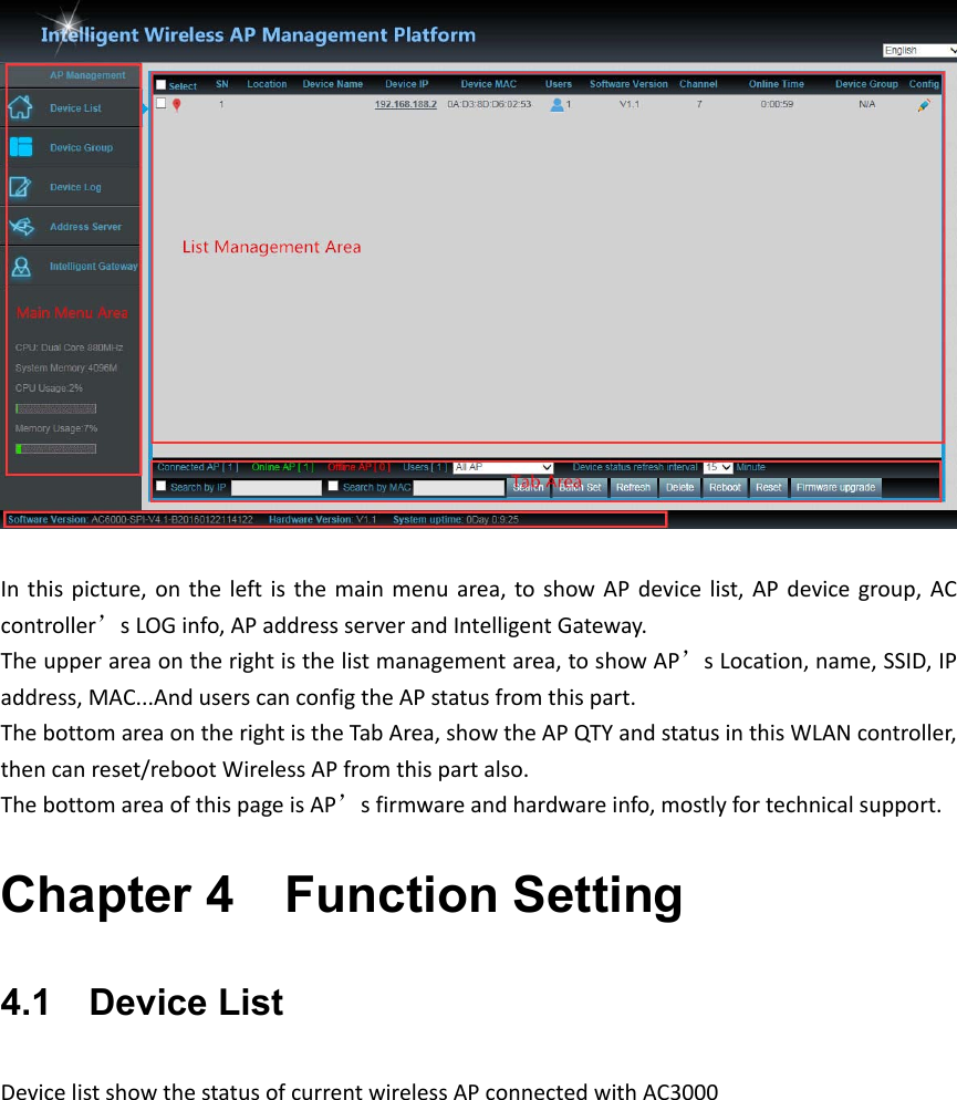 Inthispicture,ontheleftisthemainmenuarea,toshowAPdevicelist,APdevicegroup,ACcontroller’sLOGinfo,APaddressserverandIntelligentGateway.Theupperareaontherightisthelistmanagementarea,toshowAP’sLocation,name,SSID,IPaddress,MAC...AnduserscanconfigtheAPstatusfromthispart.ThebottomareaontherightistheTabArea,showtheAPQTYandstatusinthisWLANcontroller,thencanreset/rebootWirelessAPfromthispartalso.ThebottomareaofthispageisAP’sfirmwareandhardwareinfo,mostlyfortechnicalsupport.Chapter 4    Function Setting 4.1    Device List DevicelistshowthestatusofcurrentwirelessAPconnectedwithAC3000