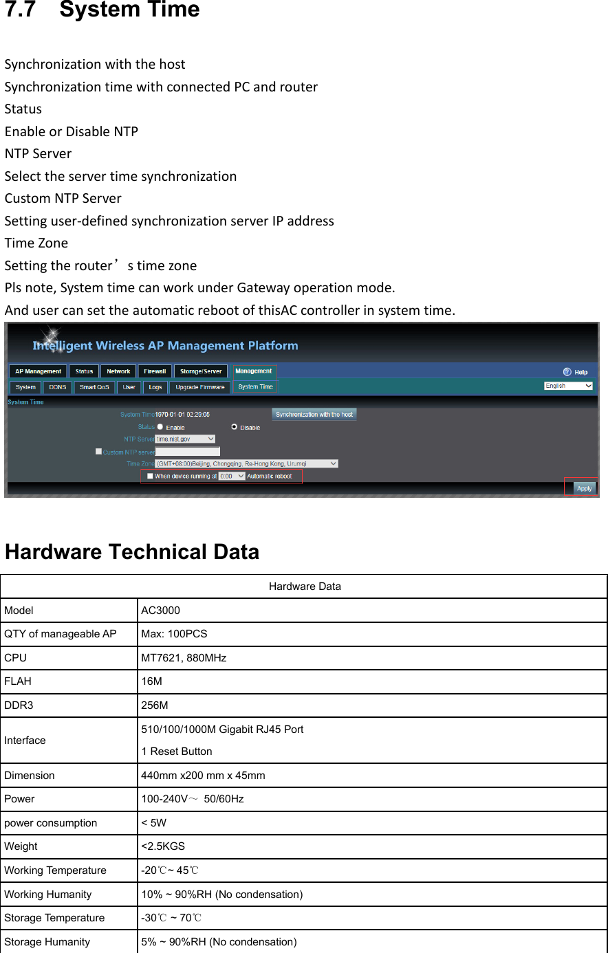 7.7    System Time SynchronizationwiththehostSynchronizationtimewithconnectedPCandrouter StatusEnableorDisableNTPNTPServerSelecttheservertimesynchronizationCustomNTPServerSettinguser‐definedsynchronizationserverIPaddressTimeZoneSettingtherouter’stimezonePlsnote,SystemtimecanworkunderGatewayoperationmode.AndusercansettheautomaticrebootofthisACcontrollerinsystemtime.Hardware Technical Data Hardware Data Model  AC3000 QTY of manageable AP  Max: 100PCS CPU  MT7621, 880MHz FLAH  16M DDR3  256M Interface 510/100/1000M Gigabit RJ45 Port 1 Reset Button Dimension  440mm x200 mm x 45mm Power  100-240V～  50/60Hz power consumption  &lt; 5W Weight  &lt;2.5KGS Working Temperature  -20℃~ 45℃ Working Humanity  10% ~ 90%RH (No condensation) Storage Temperature  -30℃ ~ 70℃ Storage Humanity  5% ~ 90%RH (No condensation) 