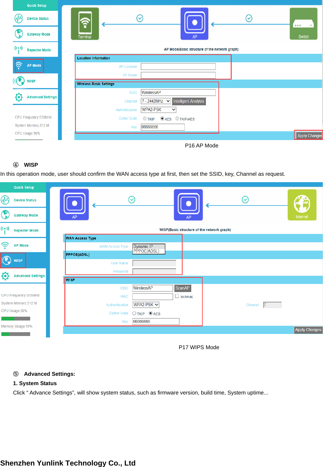 Shenzhen Yunlink Technology Co., Ltd P16 AP Mode ④WISPIn this operation mode, user should confirm the WAN access type at first, then set the SSID, key, Channel as request. P17 WIPS Mode ⑤Advanced Settings:1. System StatusClick &ldquo; Advance Settings&rdquo;, will show system status, such as firmware version, build time, System uptime... 