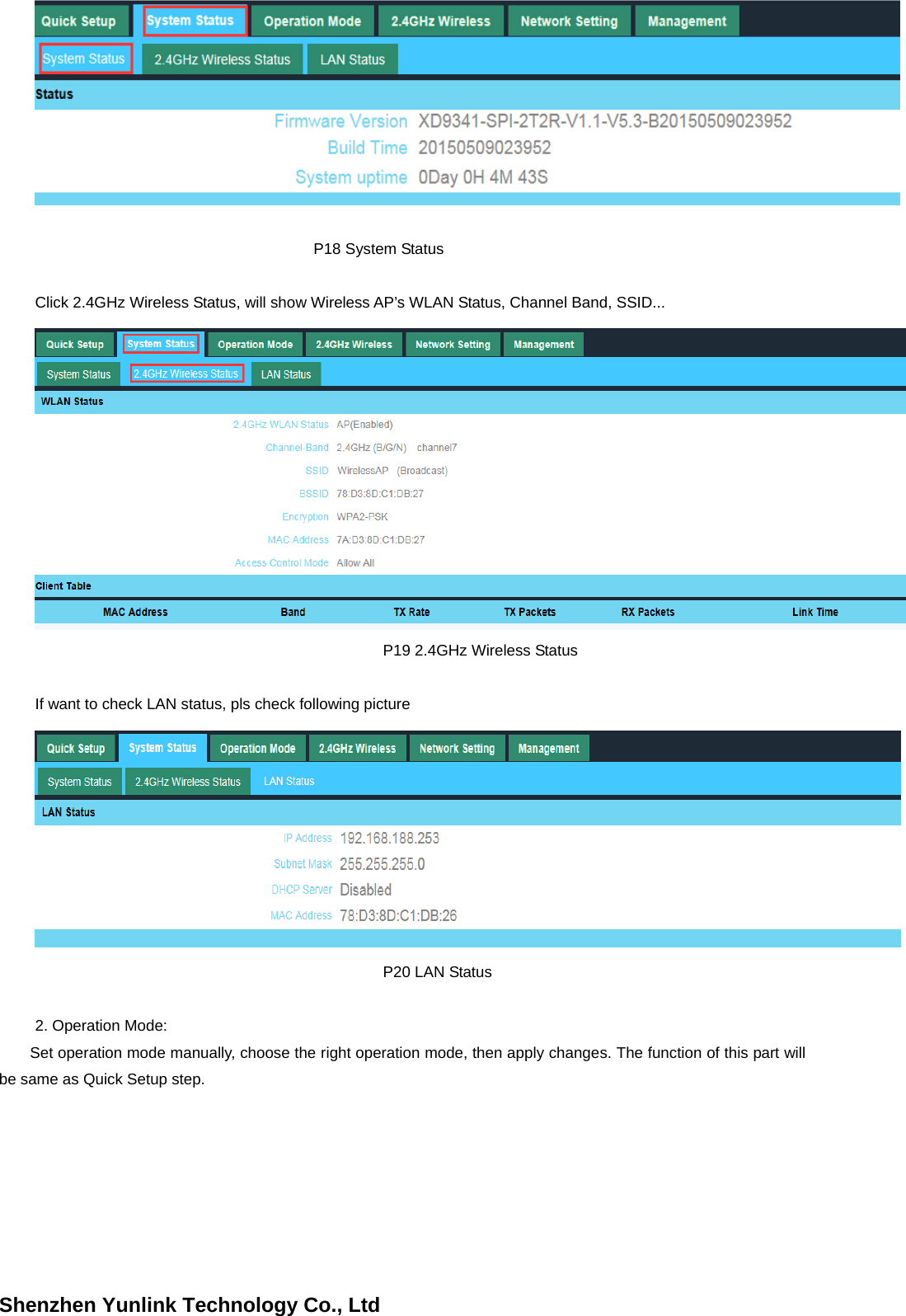 Shenzhen Yunlink Technology Co., LtdP18 System Status Click 2.4GHz Wireless Status, will show Wireless AP&rsquo;s WLAN Status, Channel Band, SSID... P19 2.4GHz Wireless Status If want to check LAN status, pls check following picture P20 LAN Status 2. Operation Mode:Set operation mode manually, choose the right operation mode, then apply changes. The function of this part will be same as Quick Setup step. 
