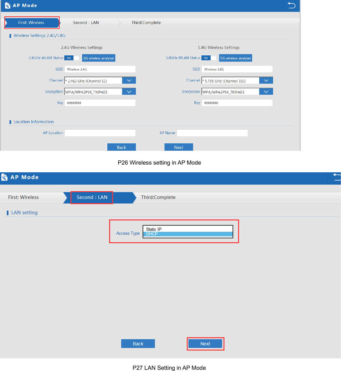                                                                                     P26 Wireless setting in AP Mode                                                                                             P27 LAN Setting in AP Mode 