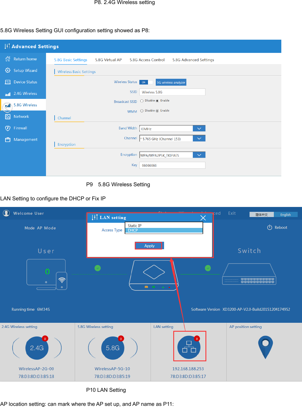                                                                        P8. 2.4G Wireless setting  5.8G Wireless Setting GUI configuration setting showed as P8:                                                                  P9    5.8G Wireless Setting LAN Setting to configure the DHCP or Fix IP                                                                  P10 LAN Setting AP location setting: can mark where the AP set up, and AP name as P11: 