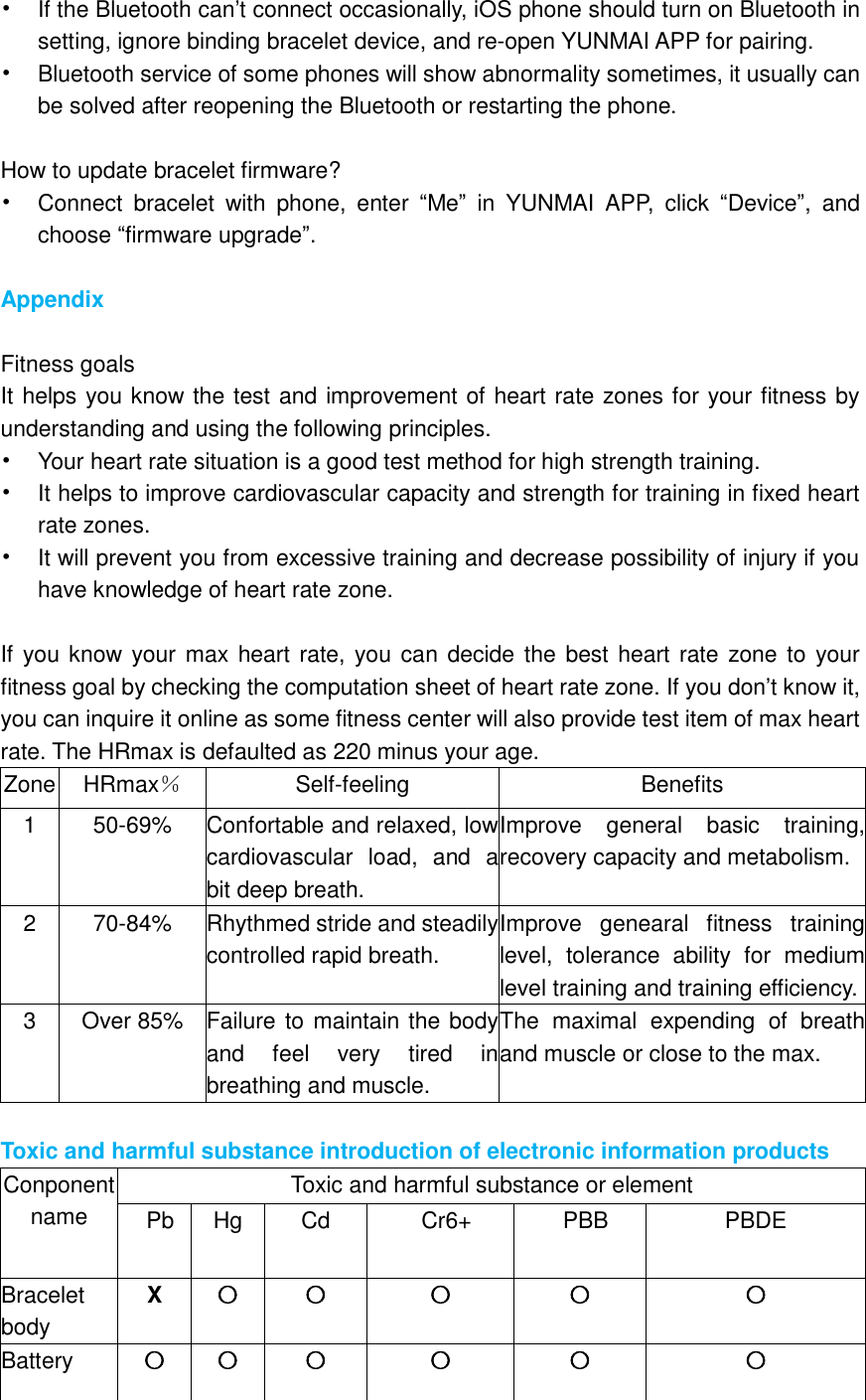• If the Bluetooth can’t connect occasionally, iOS phone should turn on Bluetooth in setting, ignore binding bracelet device, and re-open YUNMAI APP for pairing. • Bluetooth service of some phones will show abnormality sometimes, it usually can be solved after reopening the Bluetooth or restarting the phone.  How to update bracelet firmware? • Connect  bracelet  with  phone,  enter  “Me”  in  YUNMAI  APP,  click  “Device”,  and choose “firmware upgrade”.  Appendix  Fitness goals It helps you know the test and improvement of heart rate zones for your fitness by understanding and using the following principles.   • Your heart rate situation is a good test method for high strength training.   • It helps to improve cardiovascular capacity and strength for training in fixed heart rate zones. • It will prevent you from excessive training and decrease possibility of injury if you have knowledge of heart rate zone.    If you know your max heart rate, you can decide the best heart  rate zone to  your fitness goal by checking the computation sheet of heart rate zone. If you don’t know it, you can inquire it online as some fitness center will also provide test item of max heart rate. The HRmax is defaulted as 220 minus your age.       Zone HRmax％ Self-feeling Benefits   1 50-69% Confortable and relaxed, low cardiovascular  load,  and  a bit deep breath.     Improve  general  basic  training, recovery capacity and metabolism.   2 70-84% Rhythmed stride and steadily controlled rapid breath. Improve  genearal  fitness  training level,  tolerance  ability  for  medium level training and training efficiency. 3 Over 85% Failure to maintain the body and  feel  very  tired  in breathing and muscle.   The  maximal  expending  of  breath and muscle or close to the max.    Toxic and harmful substance introduction of electronic information products   Conponent name Toxic and harmful substance or element  Pb Hg Cd   Cr6+  PBB PBDE Bracelet body X 〇 〇 〇 〇 〇 Battery   〇 〇 〇 〇 〇 〇 