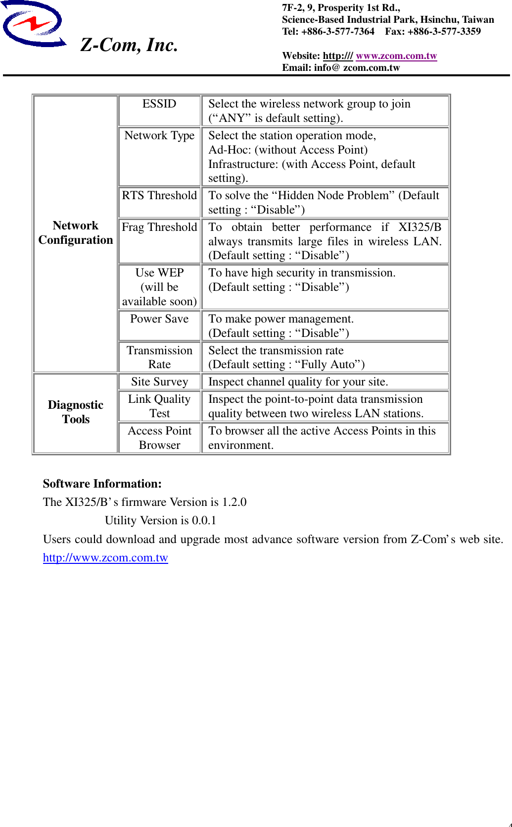  Z-Com, Inc.  47F-2, 9, Prosperity 1st Rd.,   Science-Based Industrial Park, Hsinchu, Taiwan Tel: +886-3-577-7364  Fax: +886-3-577-3359 Website: http:/// www.zcom.com.tw Email: info@ zcom.com.tw  ESSID Select the wireless network group to join (&ldquo;ANY&rdquo; is default setting). Network Type Select the station operation mode, Ad-Hoc: (without Access Point) Infrastructure: (with Access Point, default setting). RTS Threshold To solve the &ldquo;Hidden Node Problem&rdquo; (Default setting : &ldquo;Disable&rdquo;) Frag Threshold To obtain better performance if XI325/B always transmits large files in wireless LAN. (Default setting : &ldquo;Disable&rdquo;) Use WEP (will be available soon) To have high security in transmission. (Default setting : &ldquo;Disable&rdquo;) Power Save To make power management. (Default setting : &ldquo;Disable&rdquo;) Network Configuration Transmission Rate Select the transmission rate   (Default setting : &ldquo;Fully Auto&rdquo;) Site Survey Inspect channel quality for your site. Link Quality Test Inspect the point-to-point data transmission quality between two wireless LAN stations. Diagnostic Tools Access Point Browser To browser all the active Access Points in this environment.  Software Information: The XI325/B&rsquo;s firmware Version is 1.2.0           Utility Version is 0.0.1 Users could download and upgrade most advance software version from Z-Com&rsquo;s web site. http://www.zcom.com.tw            