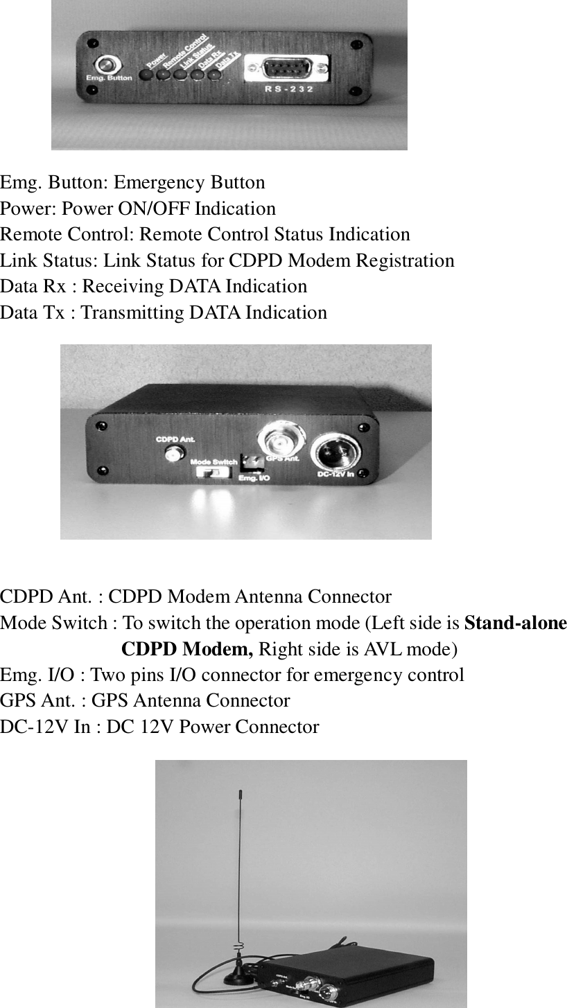 Emg. Button: Emergency ButtonPower: Power ON/OFF IndicationRemote Control: Remote Control Status IndicationLink Status: Link Status for CDPD Modem RegistrationData Rx : Receiving DATA IndicationData Tx : Transmitting DATA IndicationCDPD Ant. : CDPD Modem Antenna ConnectorMode Switch : To switch the operation mode (Left side is Stand-aloneCDPD Modem, Right side is AVL mode)Emg. I/O : Two pins I/O connector for emergency controlGPS Ant. : GPS Antenna ConnectorDC-12V In : DC 12V Power Connector