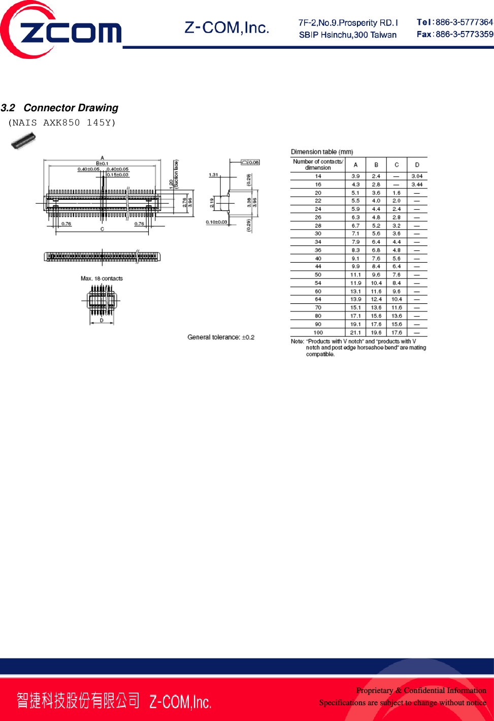    Proprietary &amp; Confidential InformationSpecifications are subject to change without notice 3.2   Connector Drawing  (NAIS AXK850 145Y)  